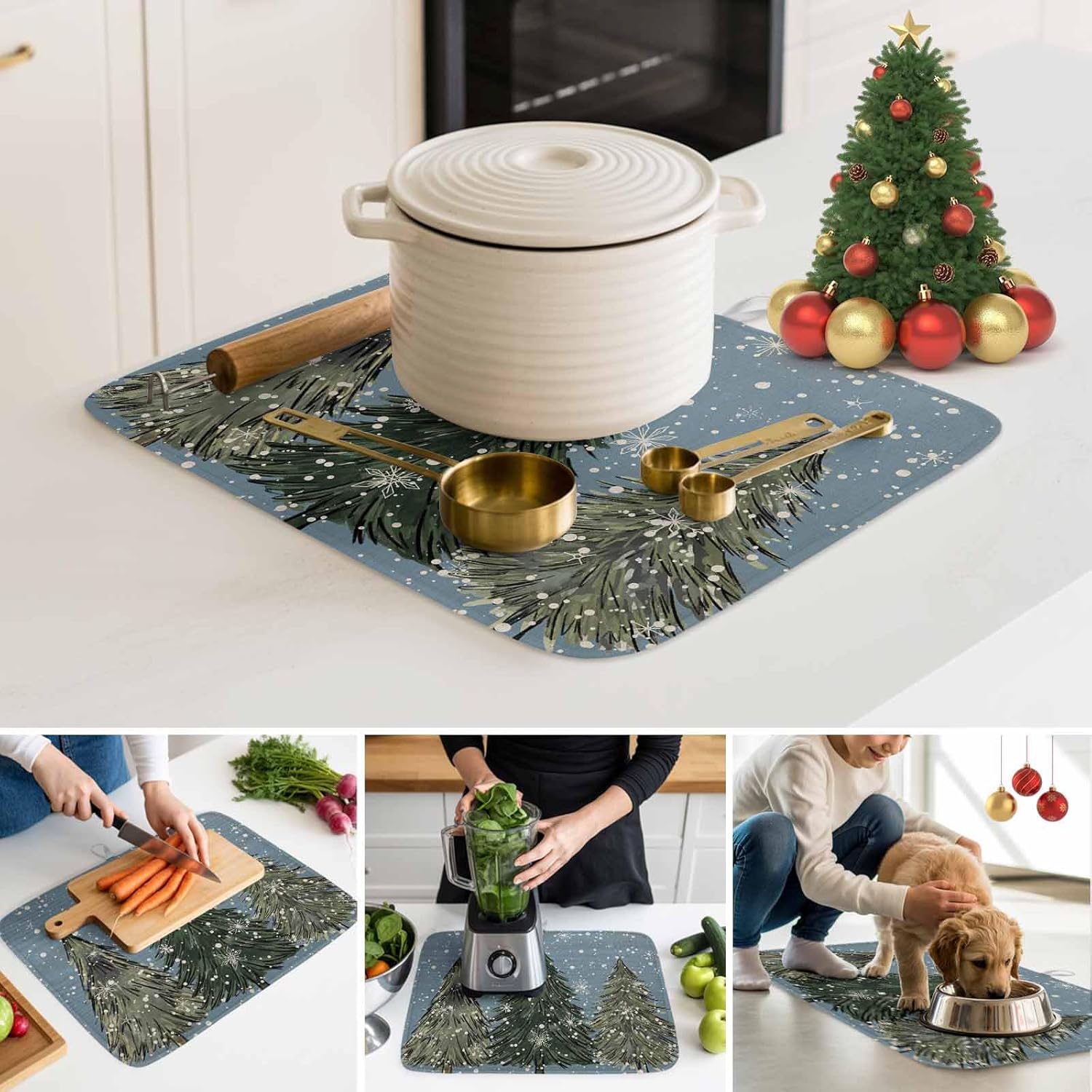 Merry Christmas Green Xmas Pine Trees Dish Drying Mats for Kitchen Counter,Absorbent Microfiber Dish Drainer Rack Mat Winter Snowflake Snow Drying Pad for Sinks,Utensils,Countertops,18x24in