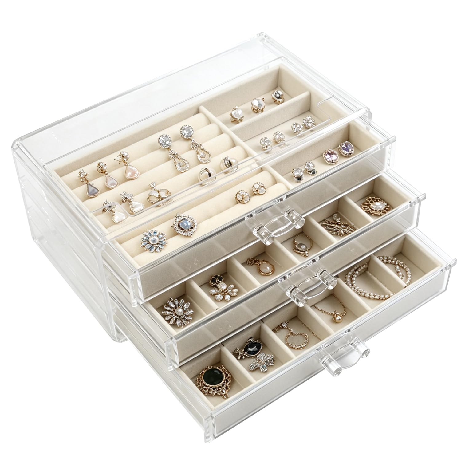 Organisateur bijoux acrylique avec 3 tiroirs floqués pour bagues et colliers