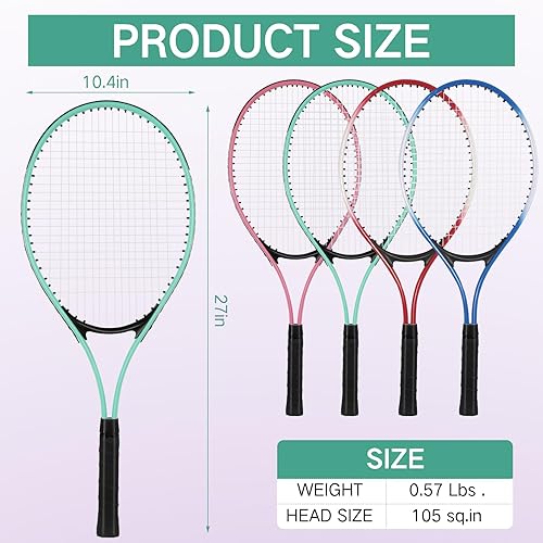 Miniatura 3 de 16 raquetas de tenis para adultos recreativas para 8 jugadores, raqueta de tenis de 27 pulgadas, raqueta de tenis ligera a granel con 8 pelotas de