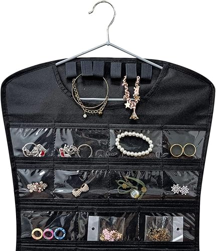 Miniatura 3 de Organizador de joyas colgante, de doble cara, 84 bolsillos transparentes y 6 bucles de gancho para guardar joyas (negro)