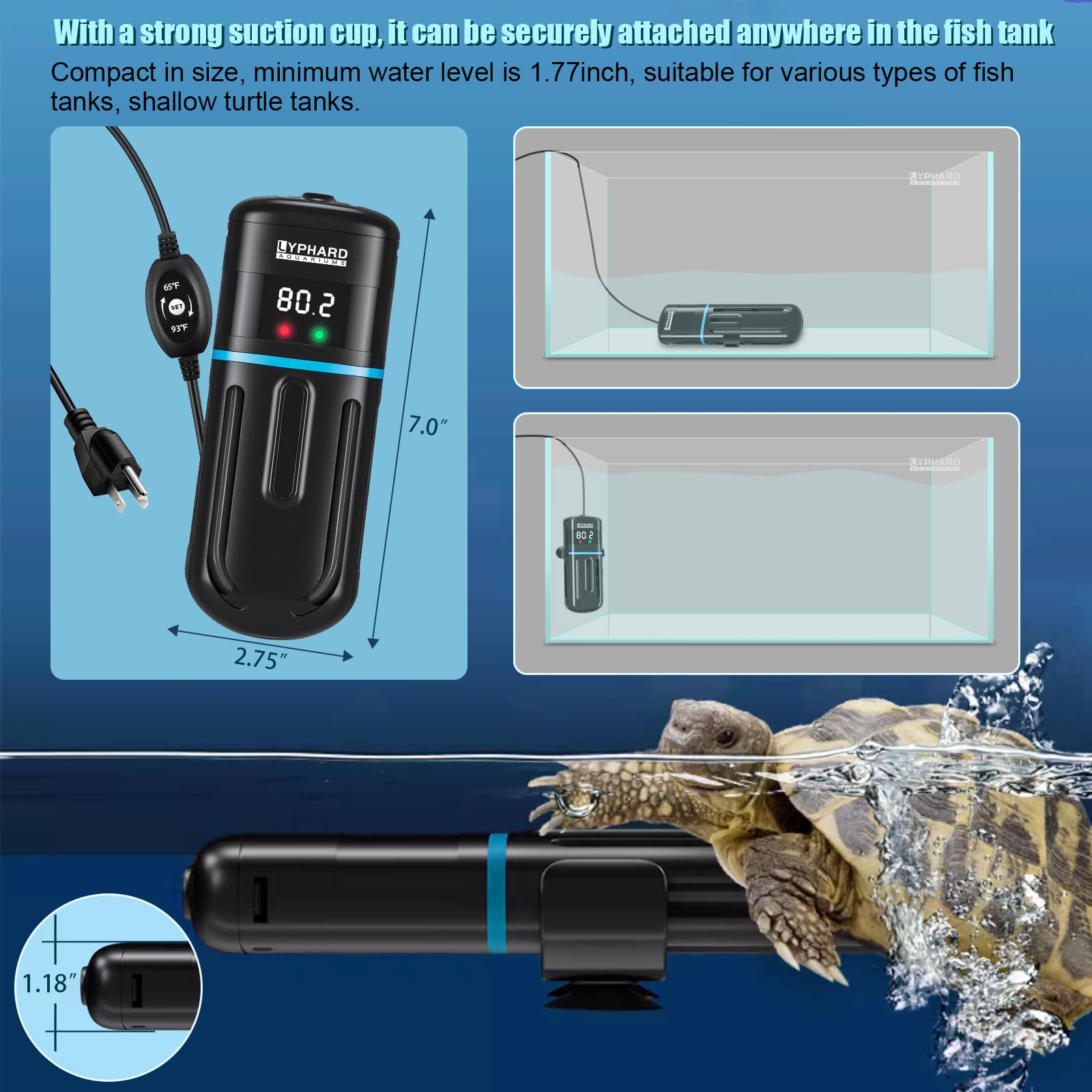 LYPHARD AQUARIUMS Elektronische Aquarium-Heizung, 300 W, kleine Aquariumheizung, verstellbare Tauchheizung, PID-Temperaturregelung mit LED-Digital, wassertrocken, automatische Abschaltung für frisches