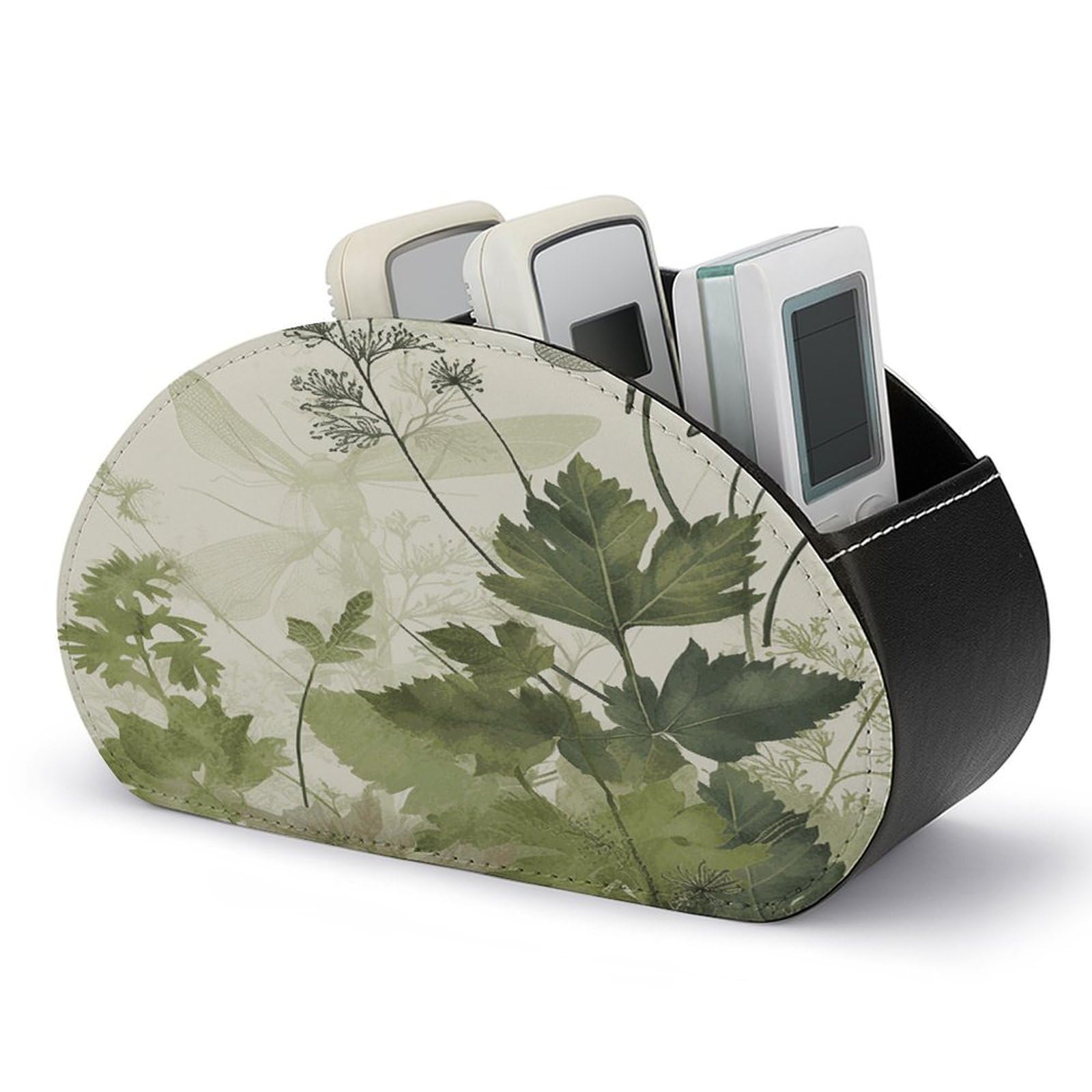 JTREHY Foliage And Herbs with Dragonflies Winged Remote Control Holder 5 Compartments Remote Caddy Tray PU Leather TV Remoter Storage Box Bedside Table Storage Organizer Office Desk Storage Case