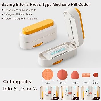 Pill Cutter Splitter for Small and Tiny Larger Pills. |ONE Button Easy Push Accurately Cuts Multiple Pills at Once. Sharp Blade with Safety Guard. Non-Slip Silicone Edge (Orange)