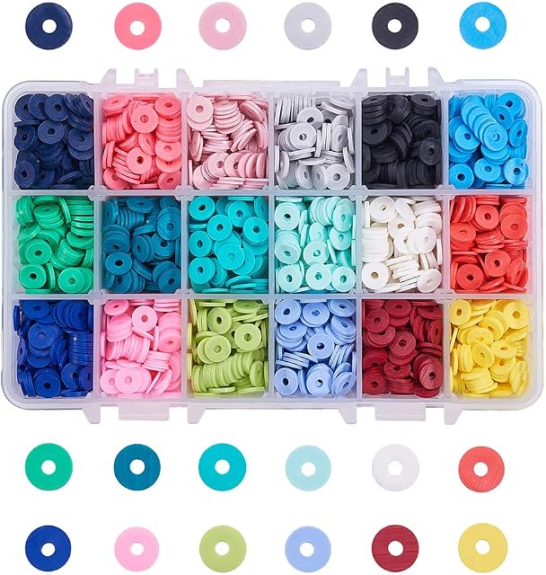 PandaHall 18 Colors 8mm Flat Round Polymer Clay Spacer Beads, Summer Friendship Heishi Beads Colorful Loose Beads for Earring Bracelet Necklace Jewellery DIY Craft Making, 3600pcs