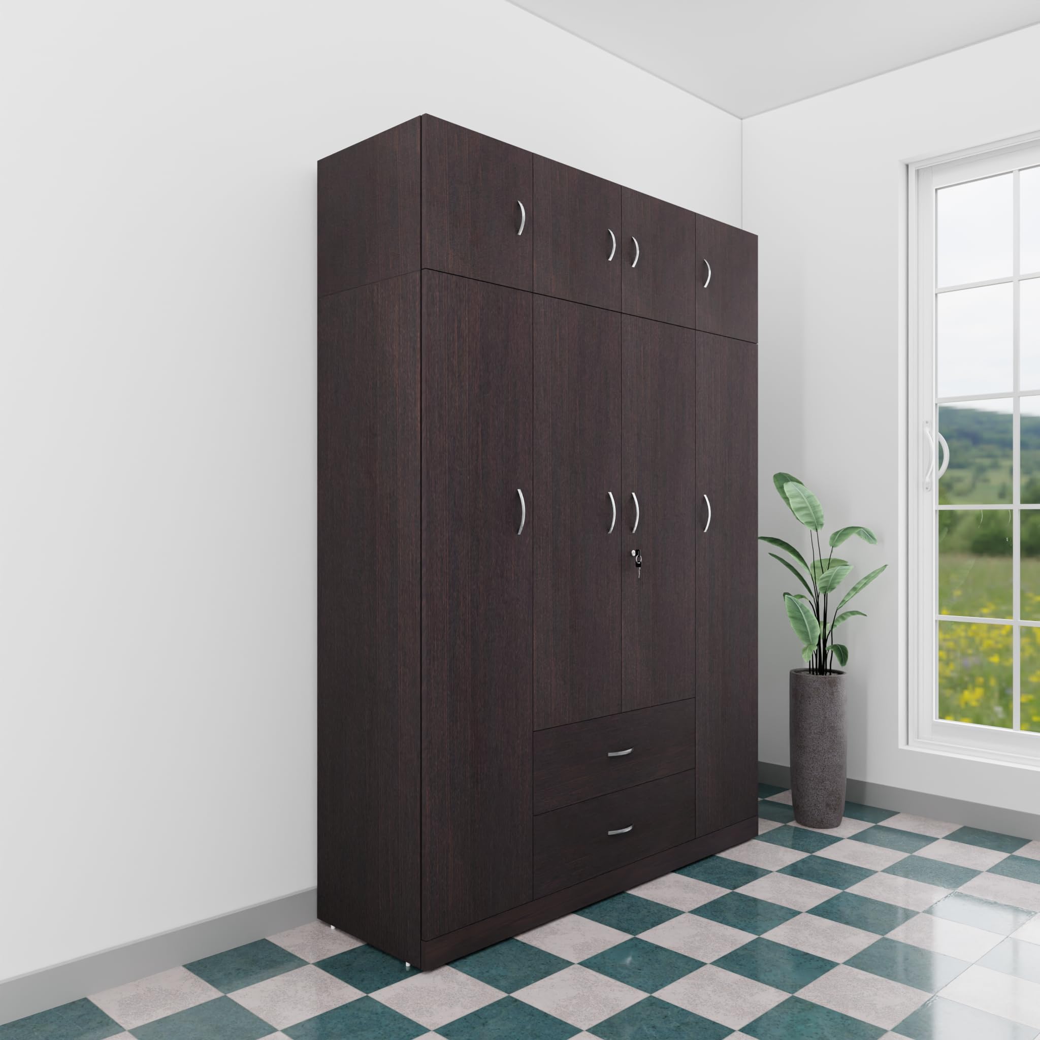 Wardrobe | Wooden Almirah for Clothes,Door for Bedroom with Loft, 4 Door Wardrobe with Drawer & Hanging Space (Dark Wenge - 40D x 160W x 220H) | 1 Year Warranty | Free Assembly