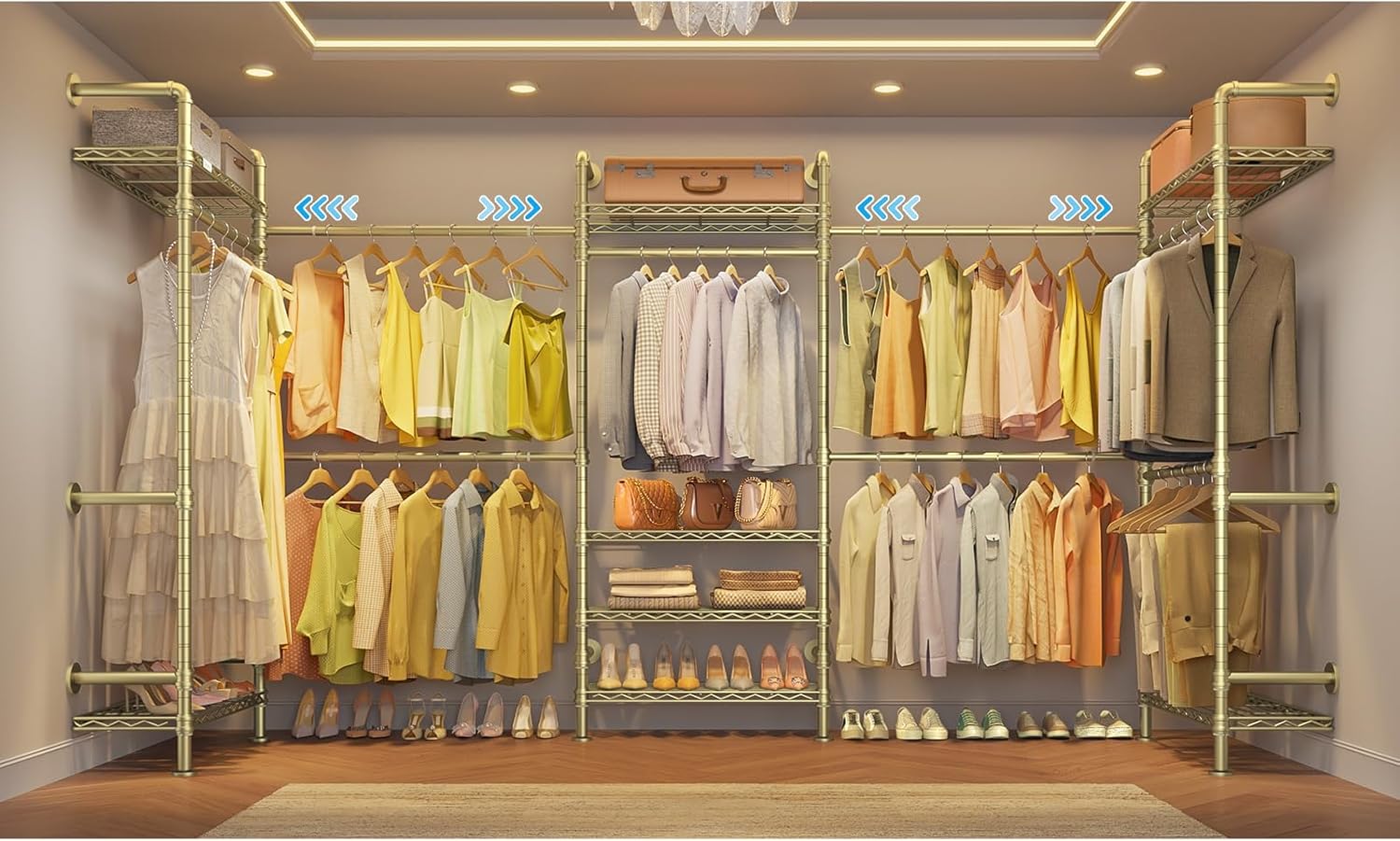 Timate U5 Expandable Wall Mounted Clothes Rack, Walk in Closet, Heavy Duty Industrial Pipe Clothing Rack with 4 Expandable Hanger Rods & 8 Adjustable Shelves, Fits Spaces 8'- 10', Black