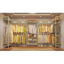 Timate U5 Expandable Wall Mounted Clothes Rack, Walk in Closet, Heavy Duty Industrial Pipe Clothing Rack with 4 Expandable Hanger Rods & 8 Adjustable Shelves, Fits Spaces 8- 10, Gold