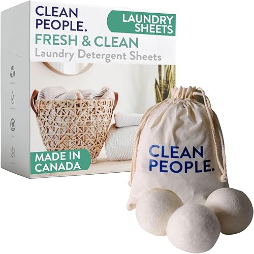 Clean People - Tiras de detergente ultra concentrado para ropa con aroma fresco y bolas de secado de lana 100% de Nueva Zelanda, paquete de 3