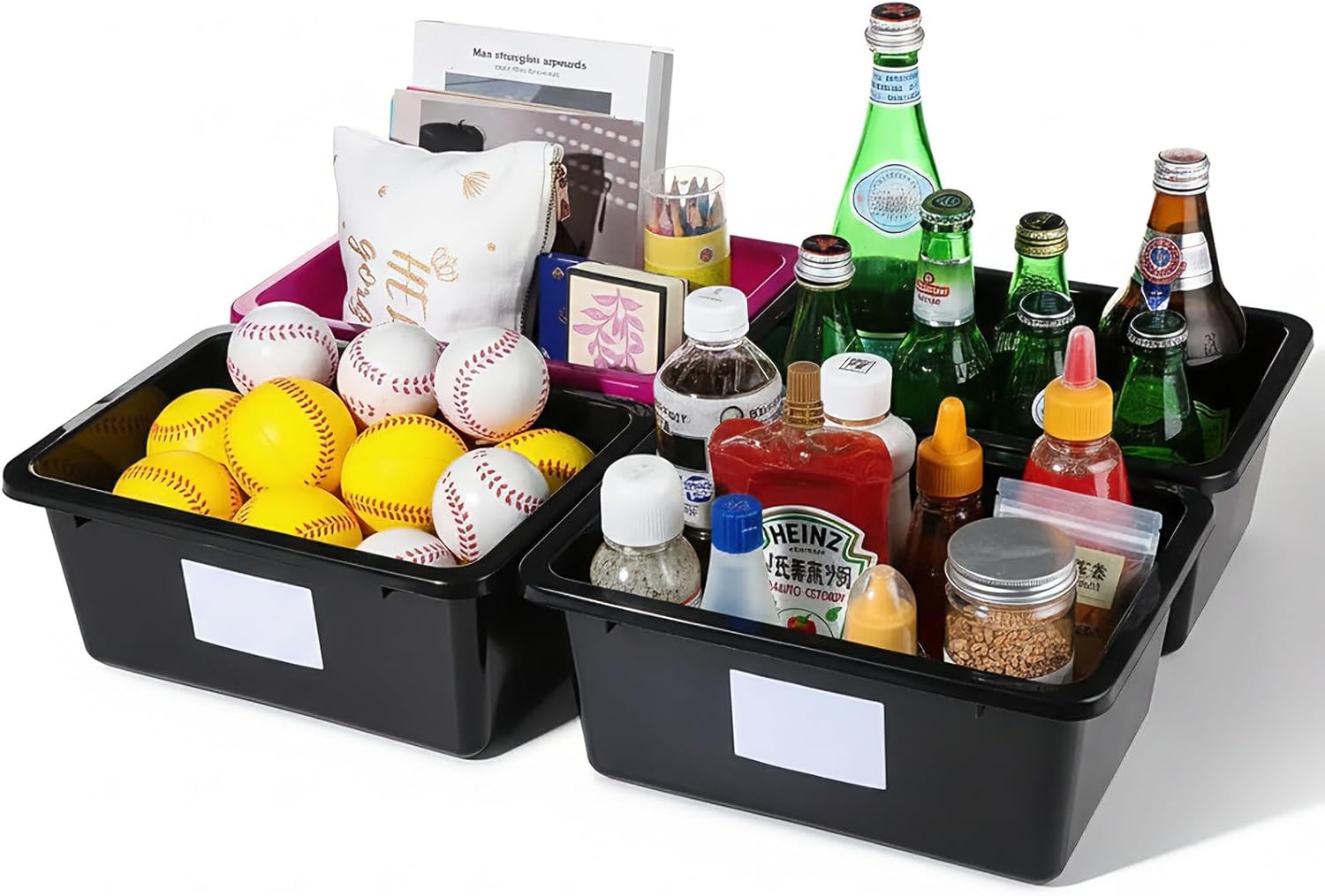 Outus 36 Pack Plastic Book Bins Bulk Library Cubby Storage Bins Small Book Boxes Organizer Containers with Self Adhesive Label for Files Magazines Teacher Student Office Home Shelf(Black)