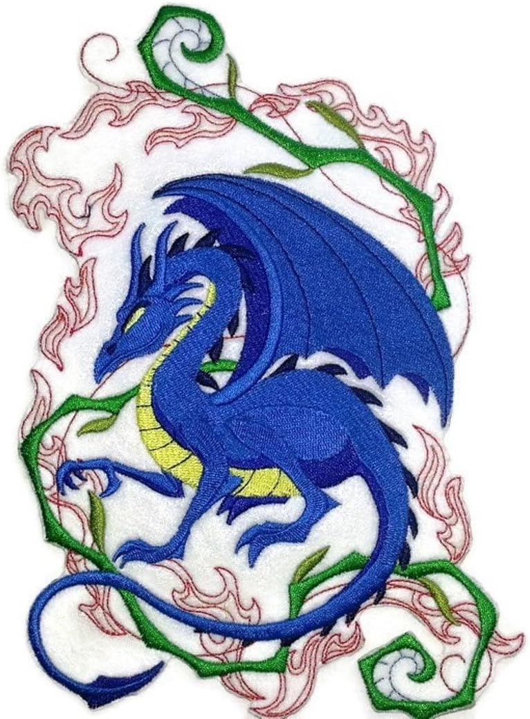Custom Dragon Crouching in Fantasy Fire Embroidery Iron On/Sew Patch [5.81" x 8.44"][Made in USA]