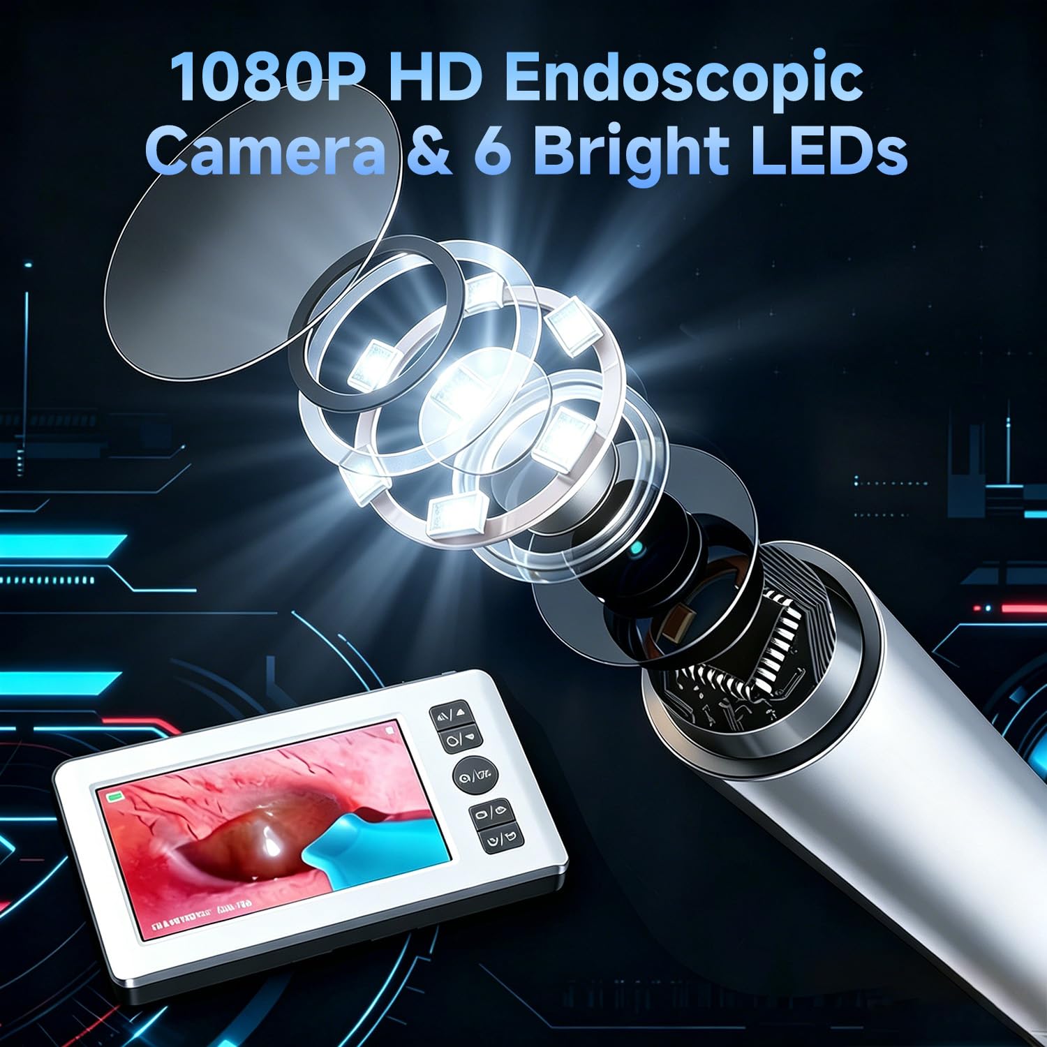 AURTEC Otoscopio digital con pantalla IPS 1080P HD de 4.3 pulgadas, limpiador de cera, batería recargable de 2500 mAh, modo dual (pantalla integrada y conexión de teléfono), 6 luces LED y puntas de