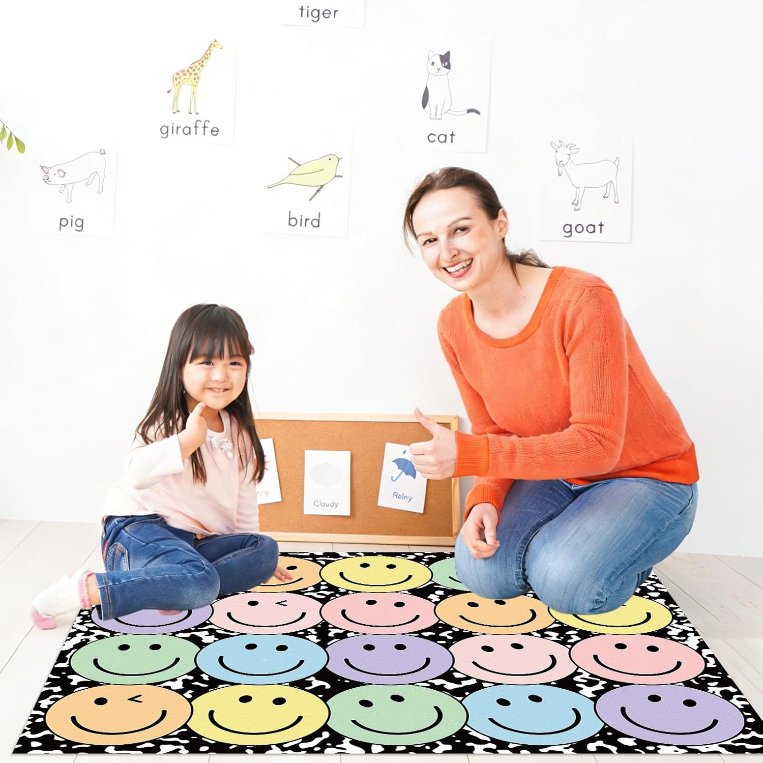 JarThenaAMCS Back to School Area Rug Large Floor Mat Non-Slip Composition Smile Face Carpet for Home Nursery Classroom Playroom Decor, 39.4 x 47.2 Inch