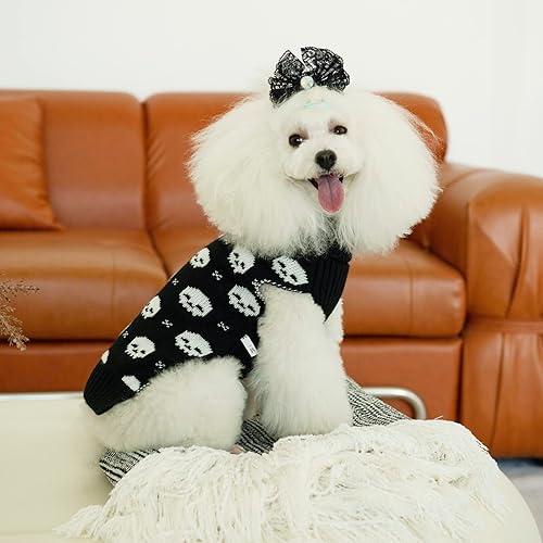 Miniatura 7 de CuteBone Suéter de calavera para perros medianos, ropa de invierno para mascotas, suéter de punto cálido con agujero para arnés