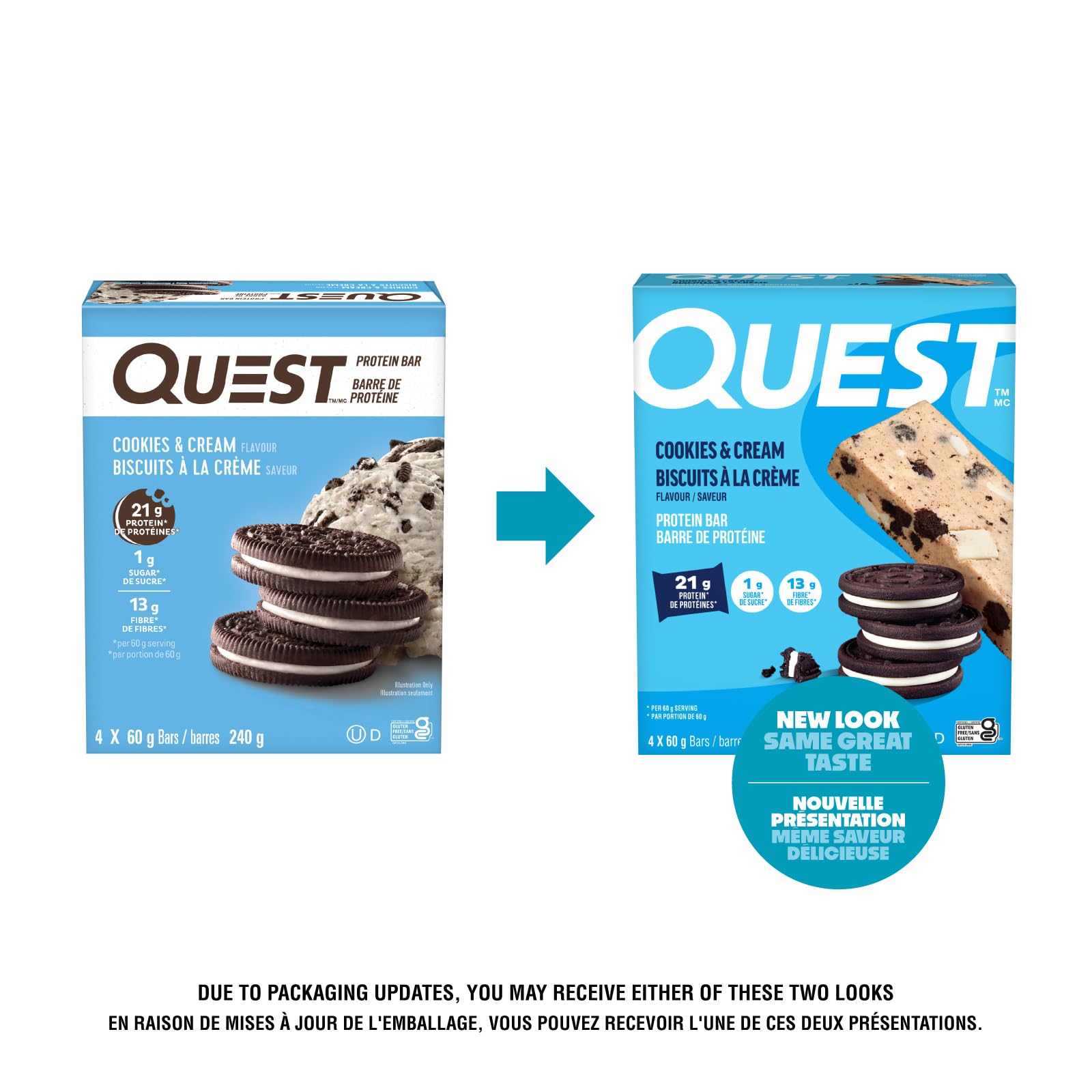 Quest Nutrition Cookies & Cream Flavour Protein Bar, High Protein, High Fibre, Low Sugar, Keto Friendly, 21g Protein, 1g Sugar, 4ct - 3
