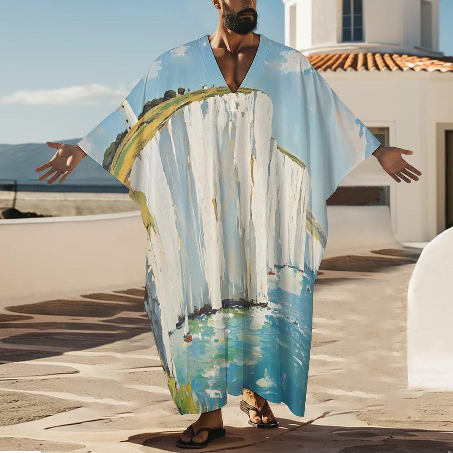 The White Cliffs of Dover Men's Kaftan Thobe V-Neck Long Gown Loose Robe