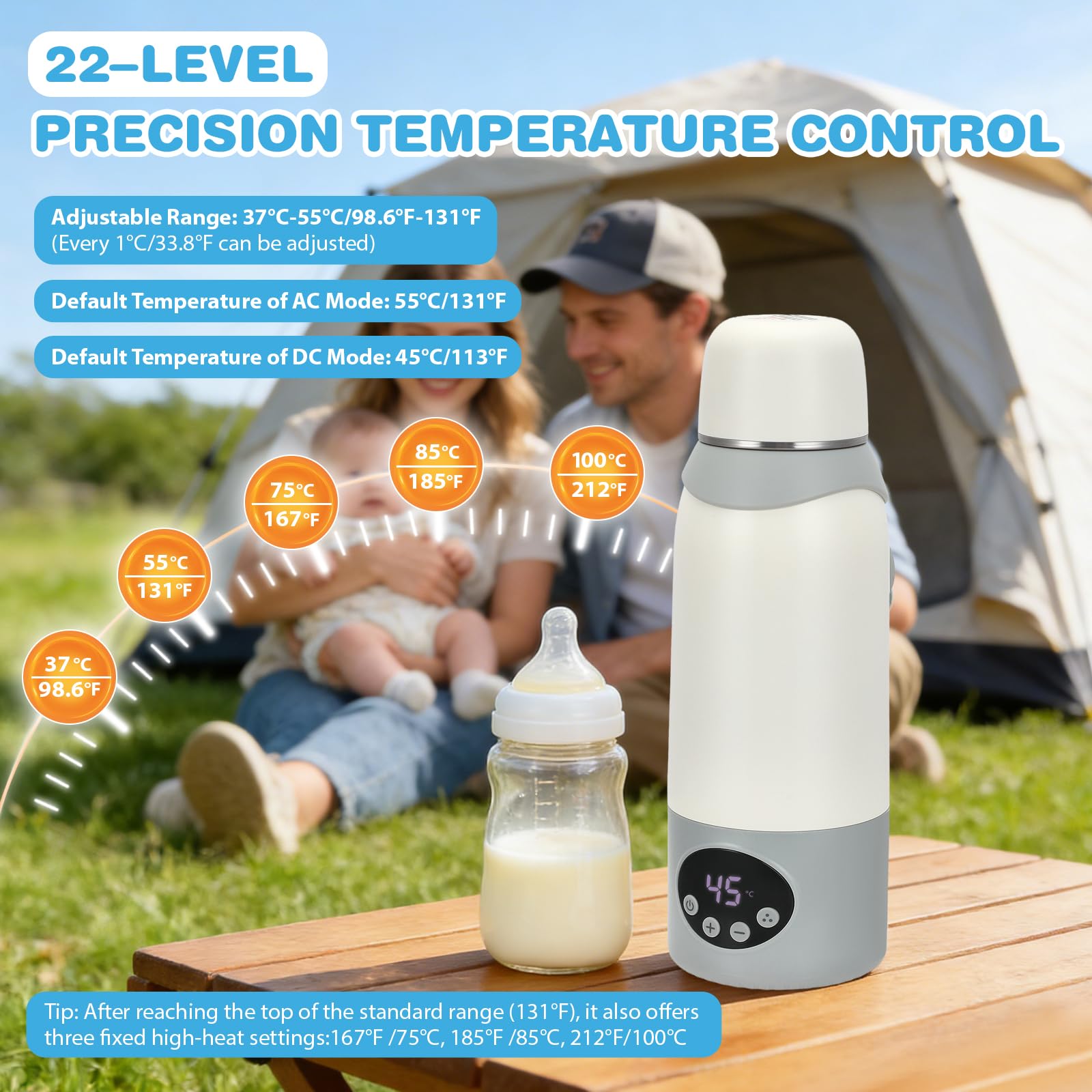 Tragbarer Flaschenwärmer Baby 500ml,22 Stufen,12000mAh Akku,316 Edelstahl | 37–55°C Präzise Temperaturkontrolle, USB-C, Pasteurisierung, 18h Warmhalten und auslaufsicheres Doppel-Deckel-Design