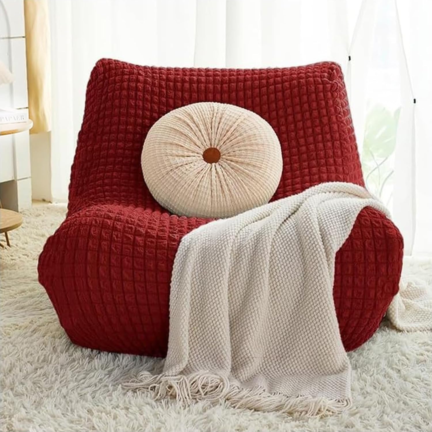 TANGHULU Stretch Fireside Chair Cover, Armless Chaise Lounge Slipcover Lazy Floor Couch Furniture Protector Bean Bag Cover with Elastic Bottom for Living Room Bedroom(Wine Red)