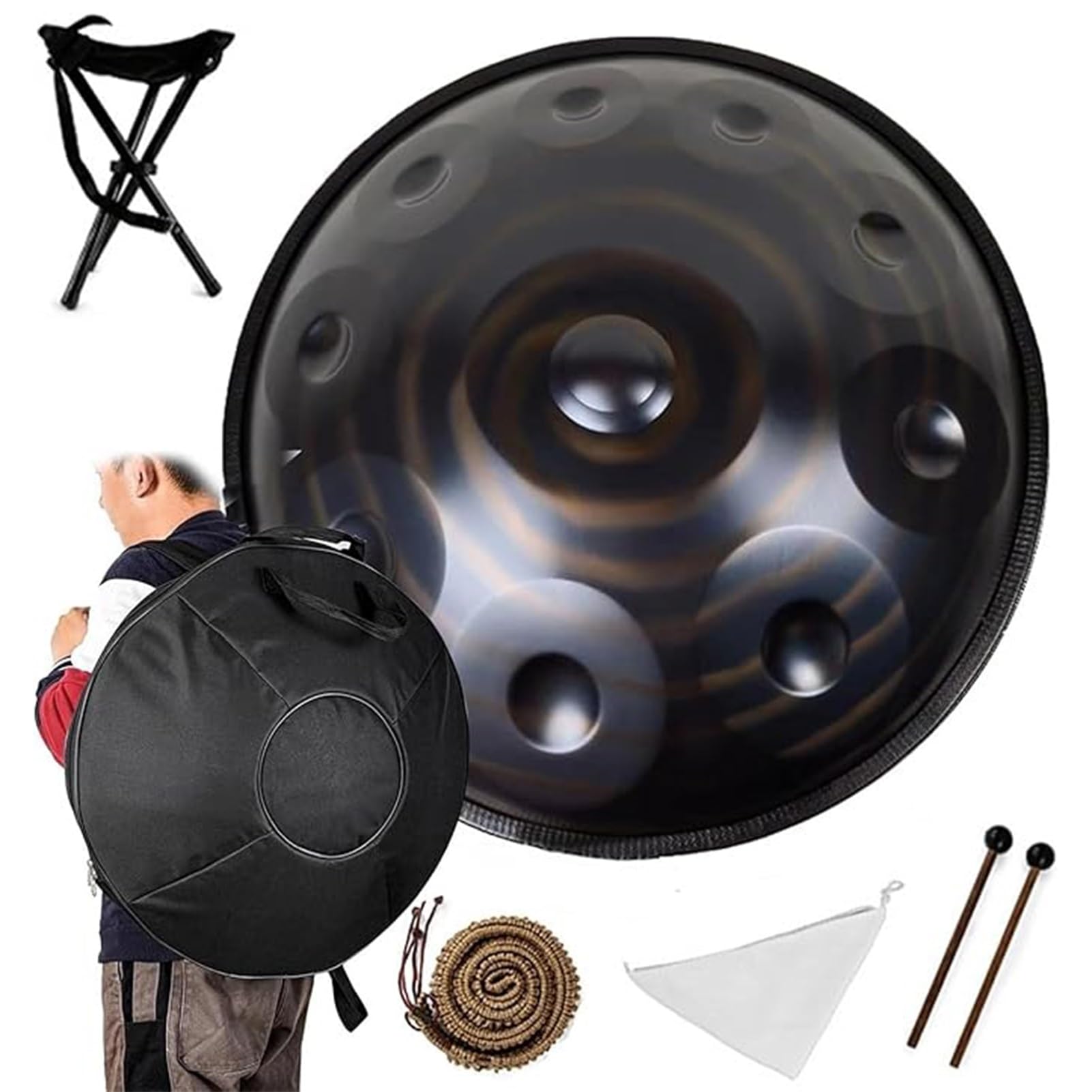 Handpan En Acier, Ensembles De Handpans 432Hz/440Hz En Ré Mineur, Instrument De Percussion Steel Hand Pan (9/10/12 Notes) Avec Sac De Rangement, Pour Enfants Et Adultes(B 440Hz,9Notes)
