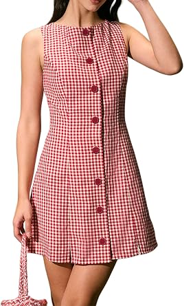 Womens Y2k Sleevless Slim Mini Plaid Tank Dress Gingham Button Down A Line Shirt Dress Elegant Bodycon Party Dress