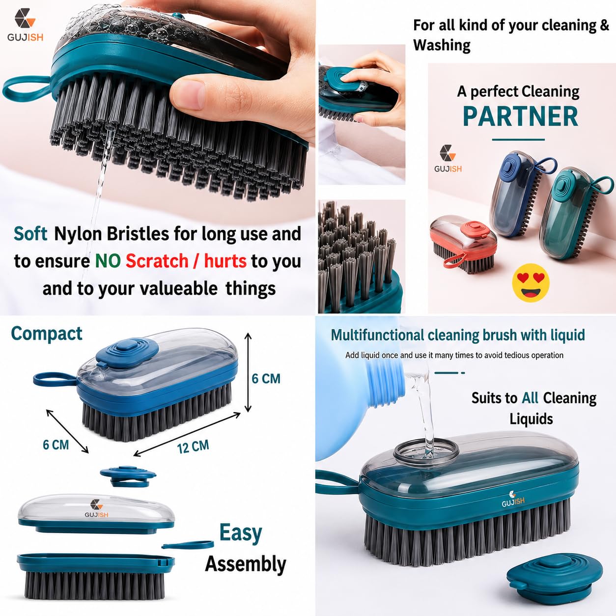 GUJISH Dispensing Cleaning Brush with Liquid Dispenser Cabin | Multipurpose Dish Scrub Brush for Kitchen, Sink, Shoes, Clothes & Pots | Soft Nylon Bristles | Refillable Soap Brush | Multi Color 2