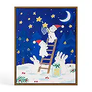 Christmas Tree Wall Art,Rustic Framed Canvas Print,Christmas Picture for Kids Room Santa Hat Rabbits in Snowy Forest Original Artist Designed, Holiday Winter Wall Decor, Gift for Boys and Girls