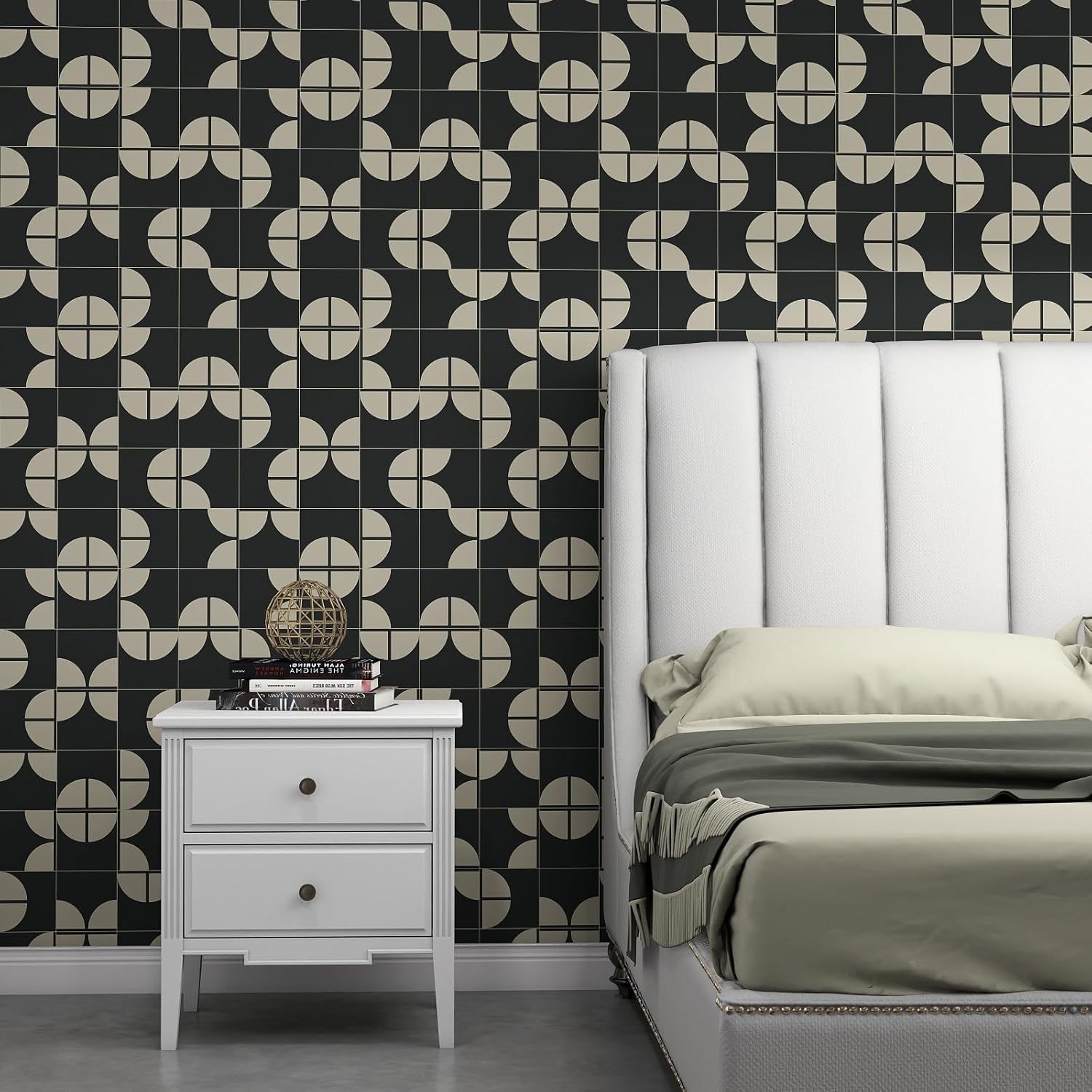 GloryTik Black Geometric Peel and Stick Wallpaper，Modern Self Adhesive Waterproof Waterproof Self Adhesive, Vintage Contact Paper for Bedroom Bathroom Cabinets Decor Vinyl 17.3'' x 200''