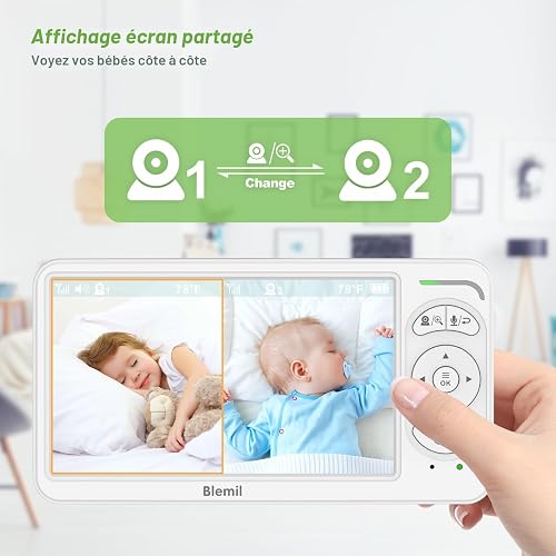 Blemil Babyphone vidéo avec 2 caméras et audio, 6 IPS grand écran divisé, télécommande panoramique/inclinable/zoom, caméra de surveillance vidéo avec vision nocturne claire et autonomie de la batterie - 3