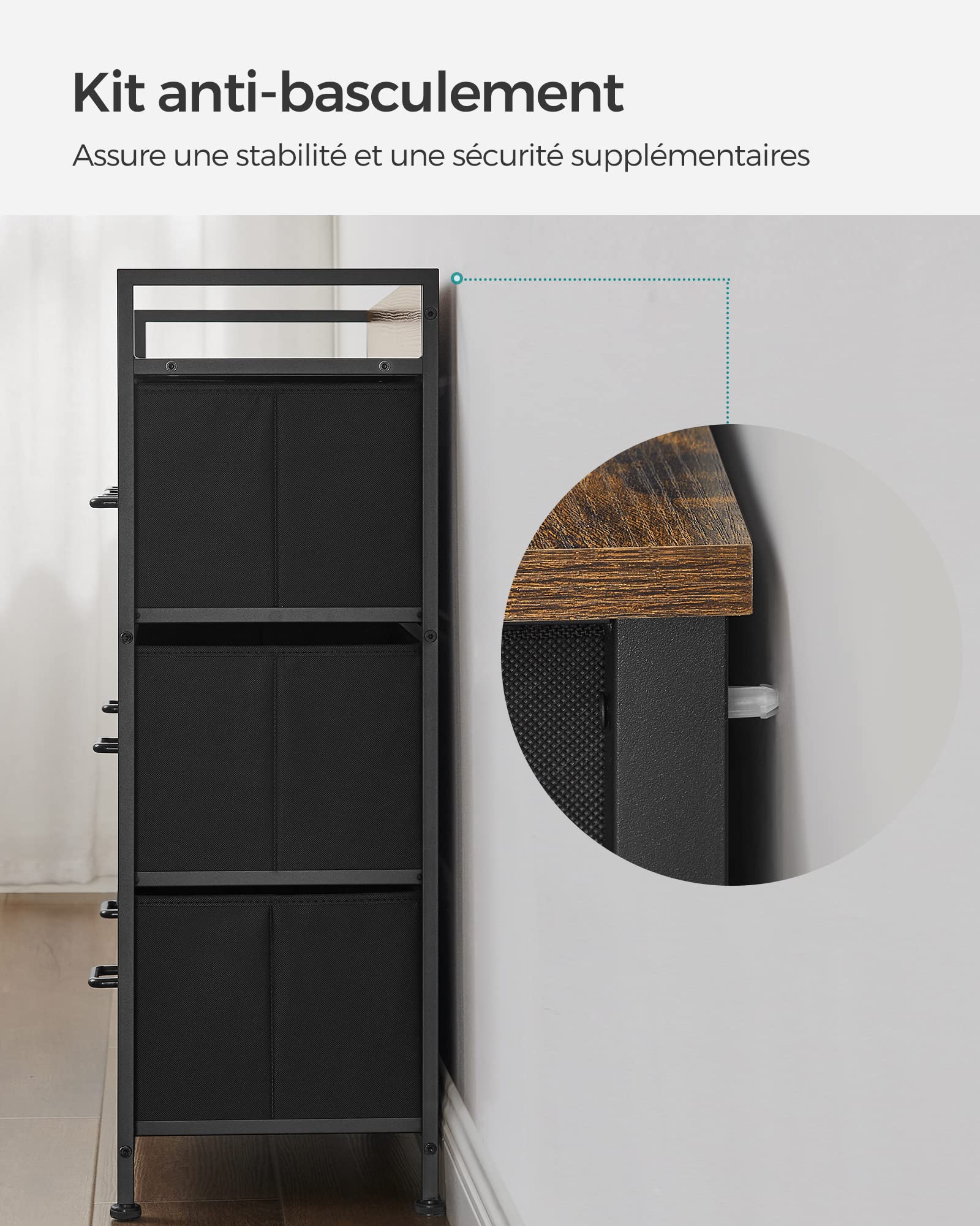 SONGMICS BELLAH Collection - Armoire, Meuble de Rangement, 5 Tiroirs en Tissu avec Poignées, Cadre en Métal, Style Moderne, Marron Rustique et Noir d'Encre LTS137BH01