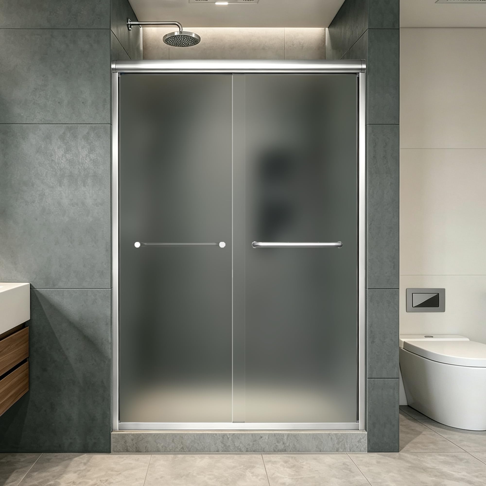 Frosted Double Sliding Shower Door 43-43-48" W x 70" H, Chrome Finish, Bypass Shower Door, Framed, 1/4" (6mm) Tempered Glass