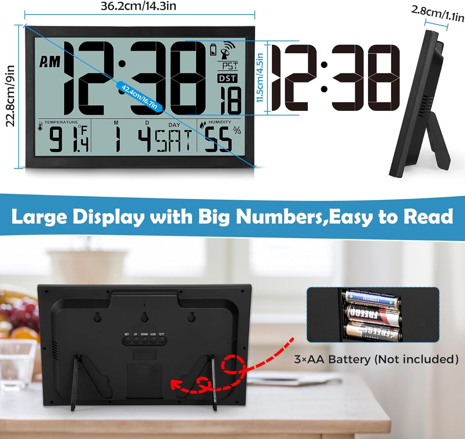 SZELAM Atomic Clock,16.7" Large Display Digital Wall Clock Battery Operated,Digital Calendar Auto Setting Desk Clocks with Indoor Temperature, Humidity,Date,Day,Auto DST for Elderly Bedroom Classroom