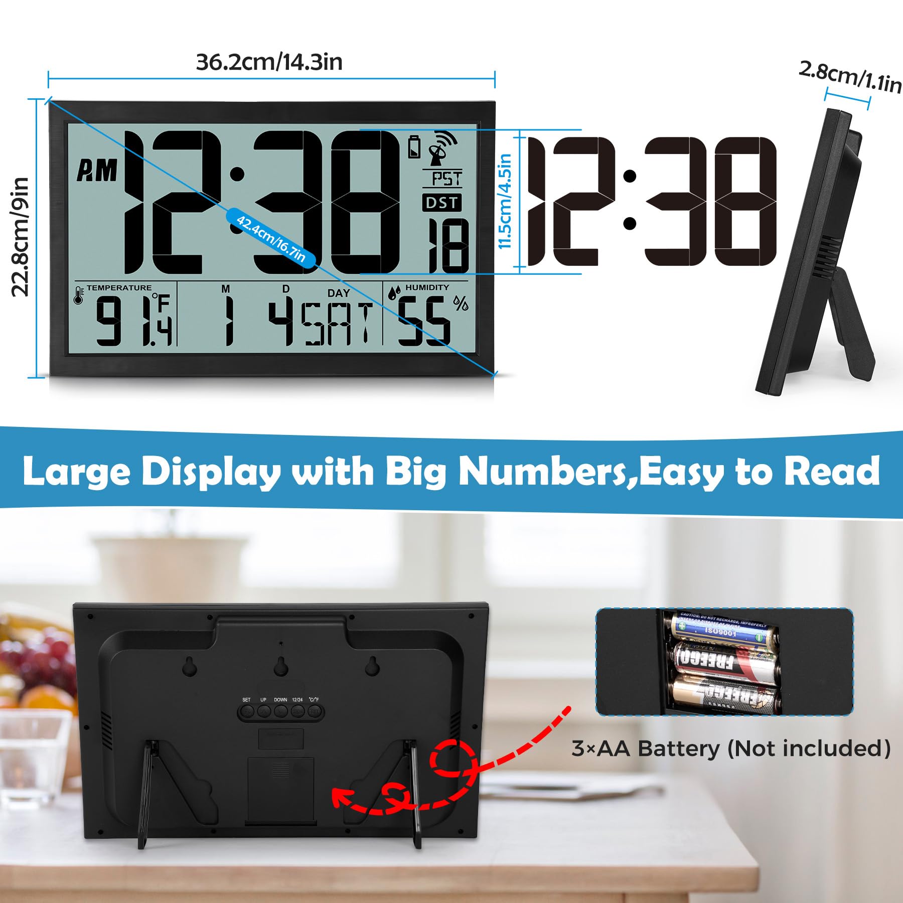 SZELAM Reloj de Pared Digital atómico con retroiluminación, Reloj de Pared Digital Grande de 15 Pulgadas, Reloj Digital de Pantalla Grande con día, Fecha y Temperatura