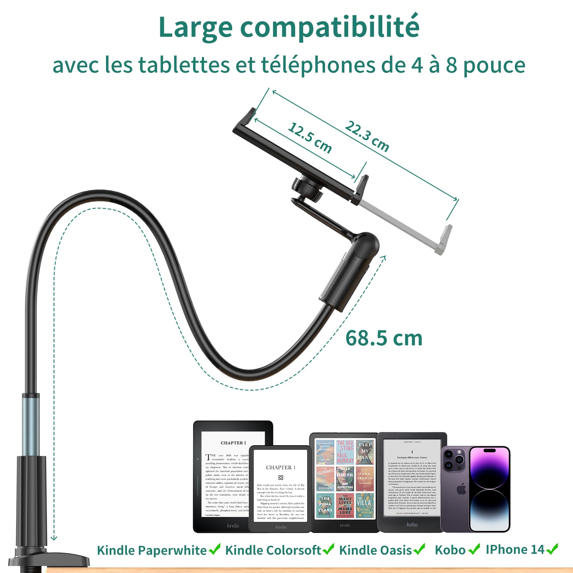 PlusAcc Télécommande Tourner pour Kindle – Support à col de Cygne pour Lire des Livres électroniques, Accessoire pour Tourner Les Pages au lit, adapté au Kindle Paperwhite/Oasis/Kobo