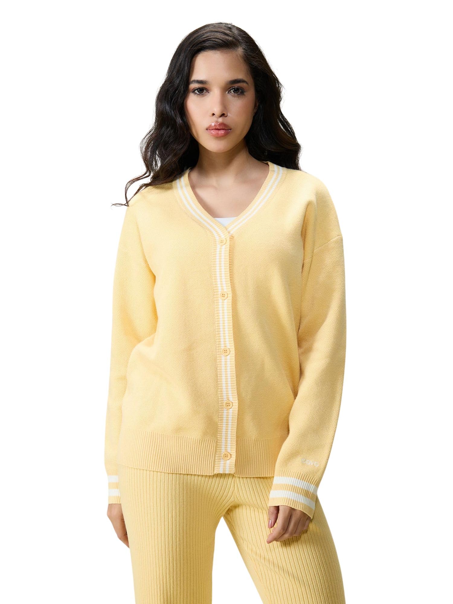 cava Women Knit Cardigan | Relaxed Drop Shoulder Fit | Hip-Length Button Down with Sporty Stripes-picture-44