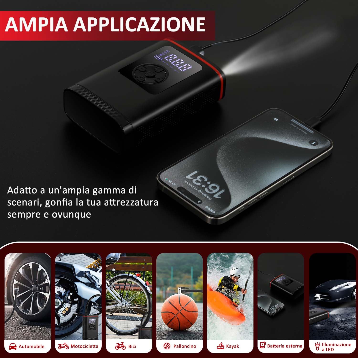 Hancaner Mini Compressore Aria Portatile, Compressore Aria Portatile Auto150PSI 7.4V 6000mAh con 4 Unità di Misurazione Della Pressione Display LCD per Auto, Bici, Moto, Scooter e Pallone.