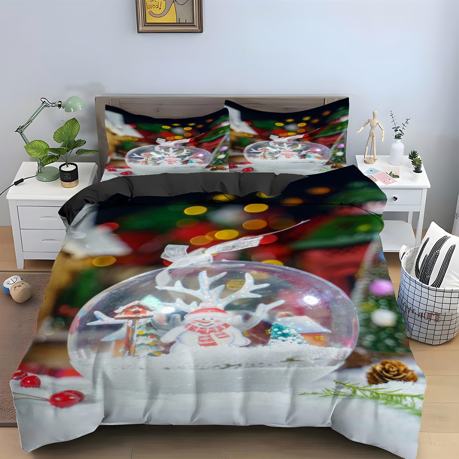 Parure de lit 90x190 boule de verre de Noël en microfibre avec housse de couette et taies d'oreiller