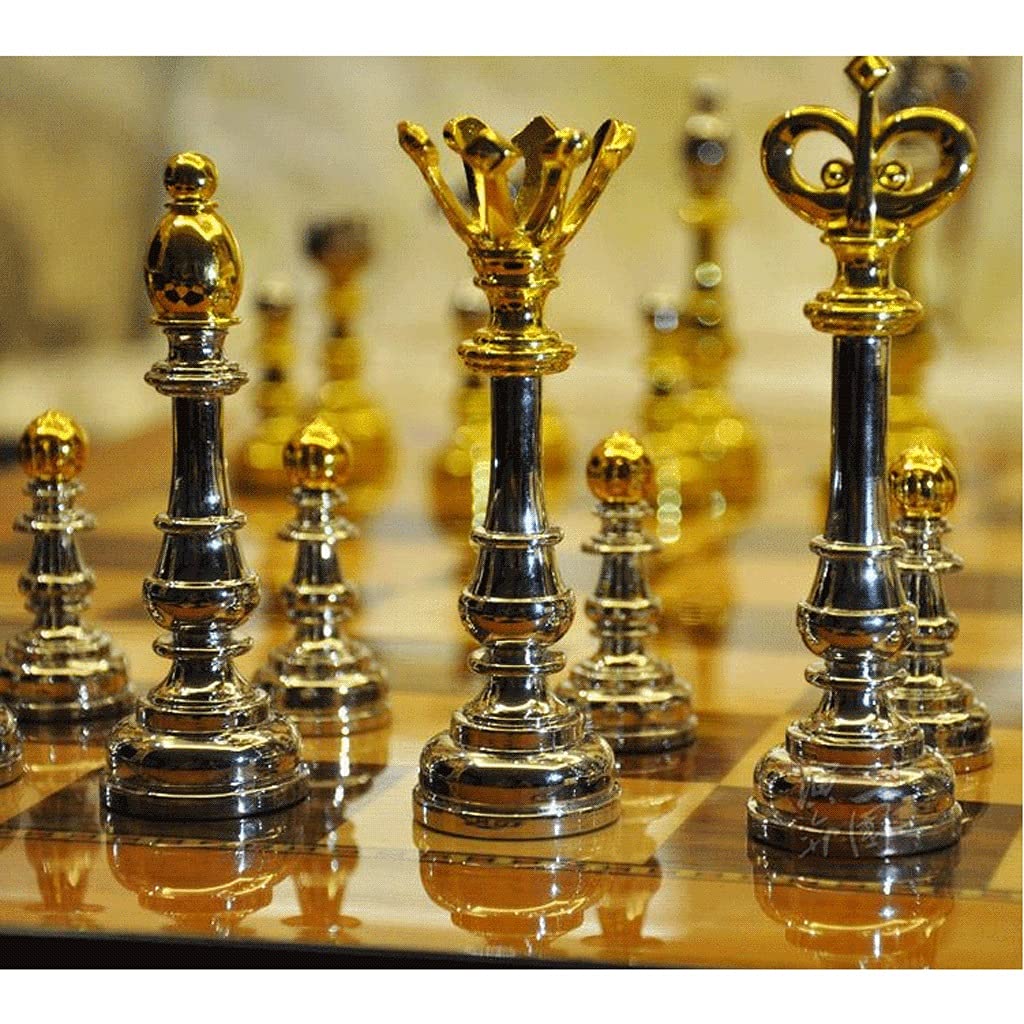 Set di Scacchi Set di Scacchi Fatti a Mano Portatile Scacchiera in Legno Scacchiera con 2 cassetti e Pezzi degli Scacchi in Argento Dorato Set di Scacchi in Metallo per Set di Scacchi per Adulti
