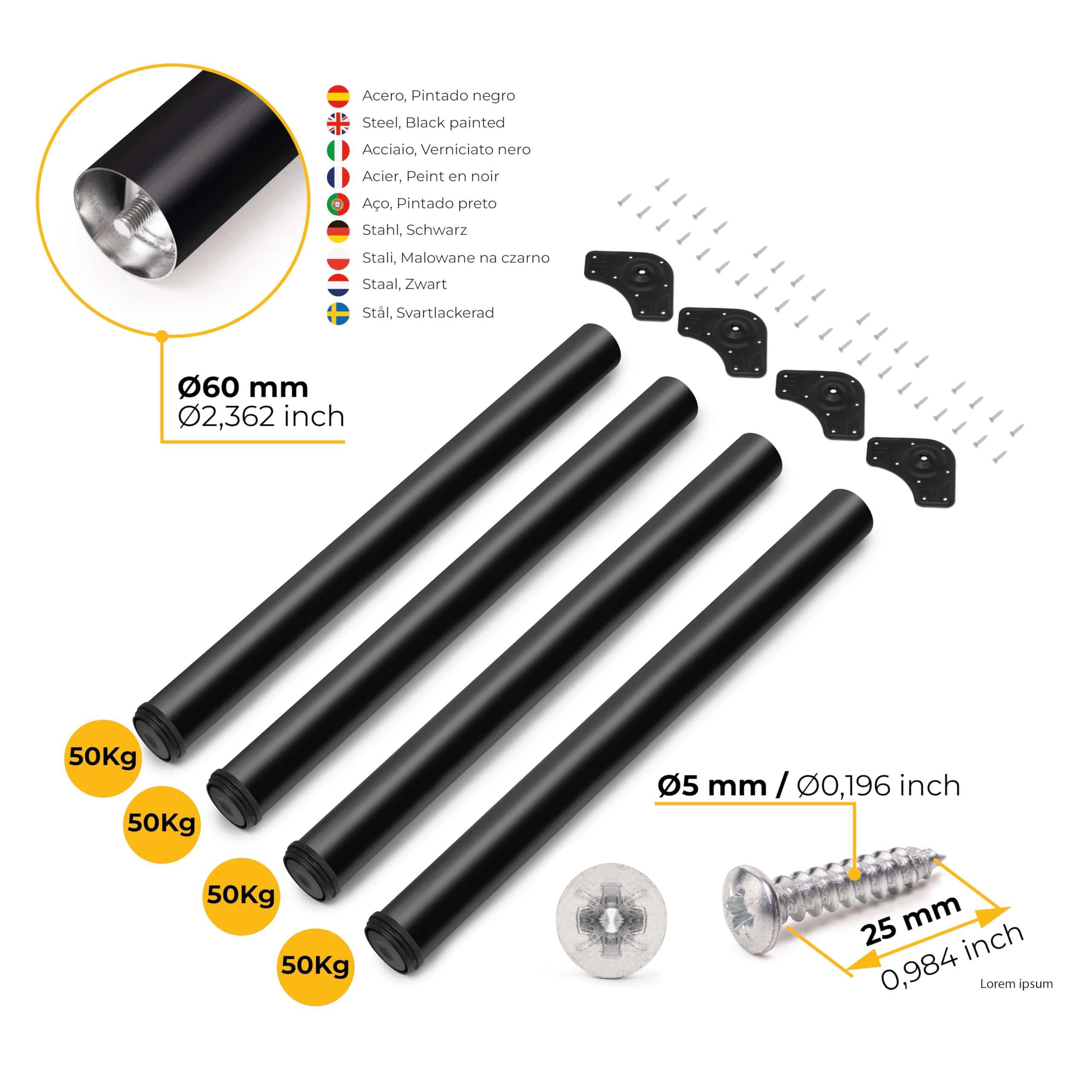 Emuca - Gambe regolabili per tavolo Ø60x710mm, kit di 4 piedi per tavolo in acciaio, altezza regolabile 710-730mm, nero