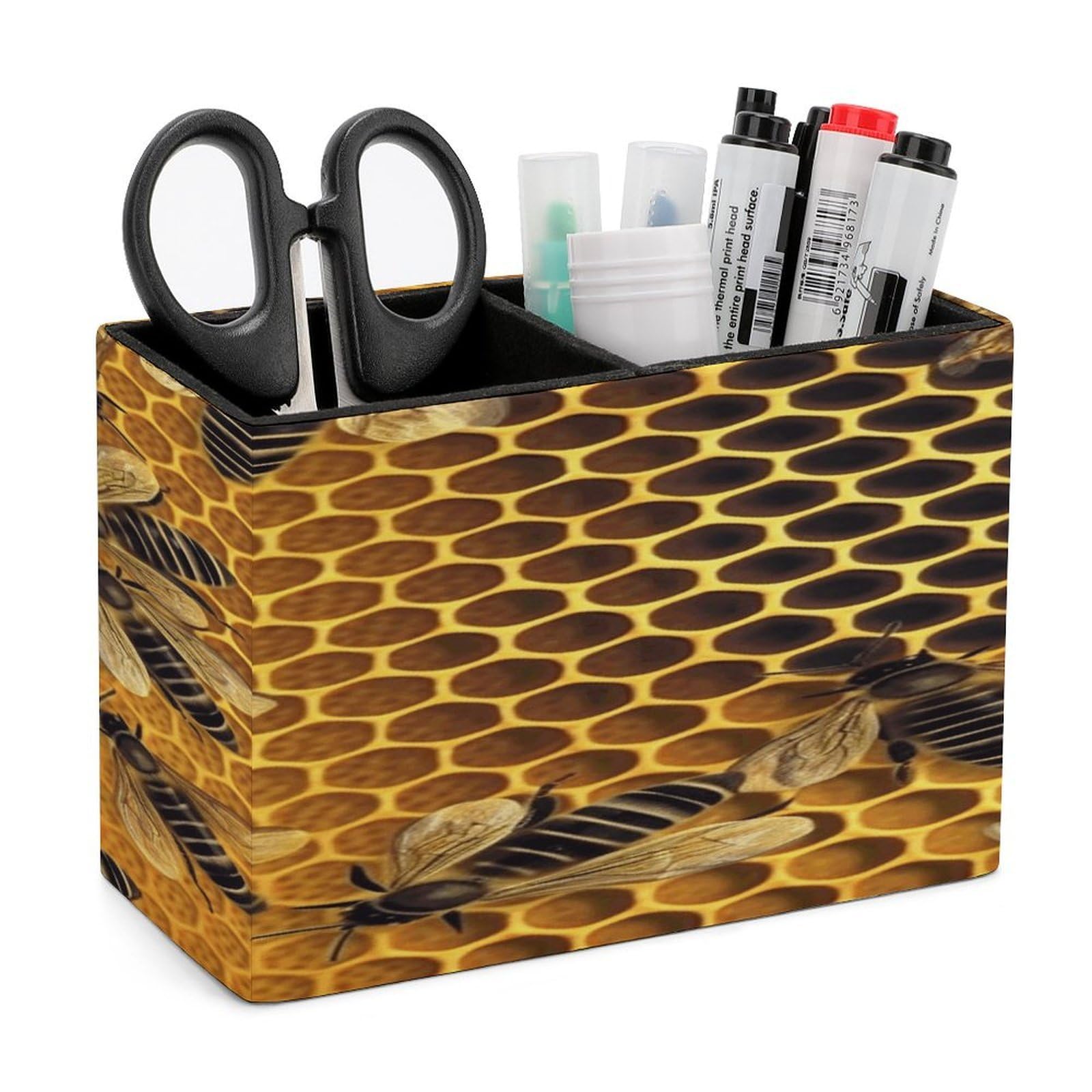 VstaDank Bees on Hive Pen Holder Double Compartments Pen Cup Fashion Makeup Brush Holders Leather Pencil Holder for Work Locker Accessories Modern Pencil Cup for Desk Organizer