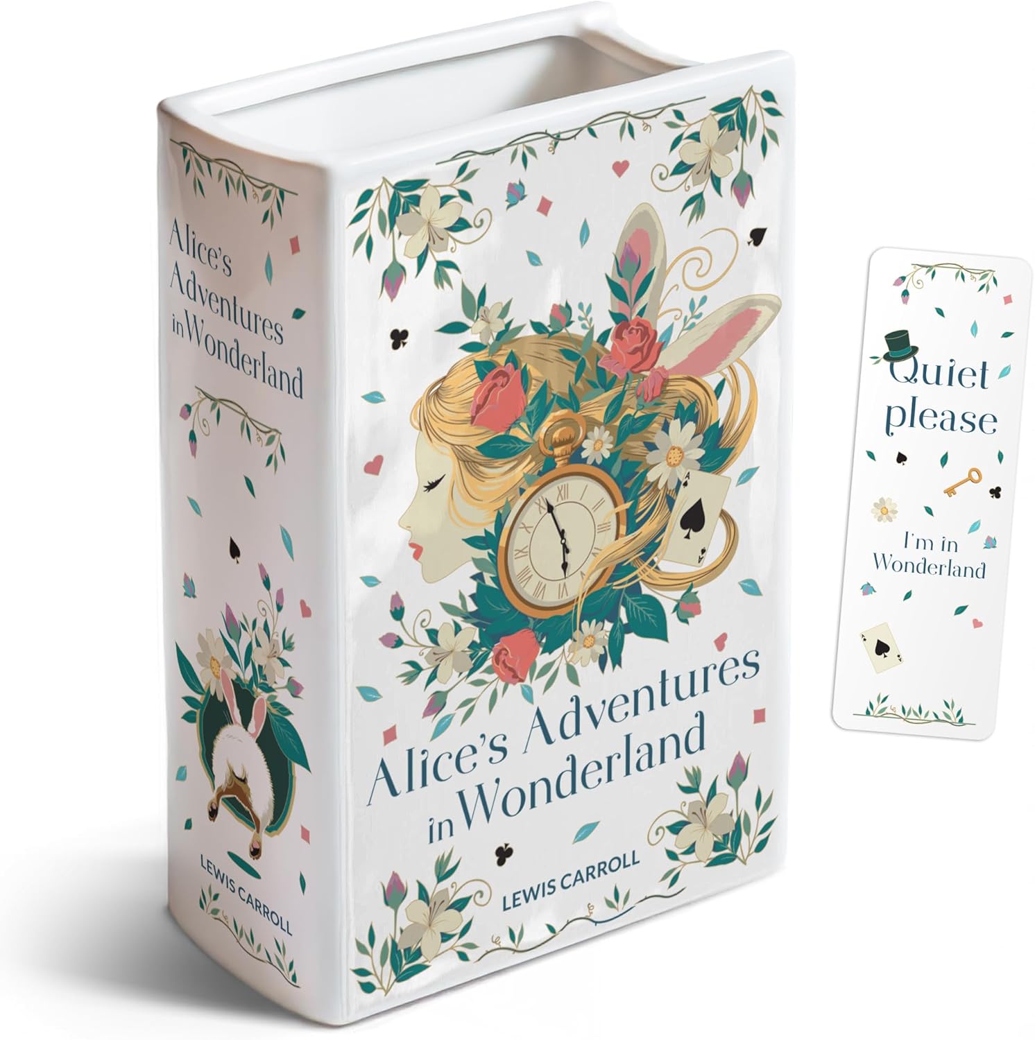 H&H Alice's Adventures in Wonderland Book Vase for Flowers + Bookmark - Lewis Carroll - Large Ceramic Book Planter Pot - Alice in Wonderland Bookish Decor - Bookish Gifts - Bookshelf Vase for Flowers