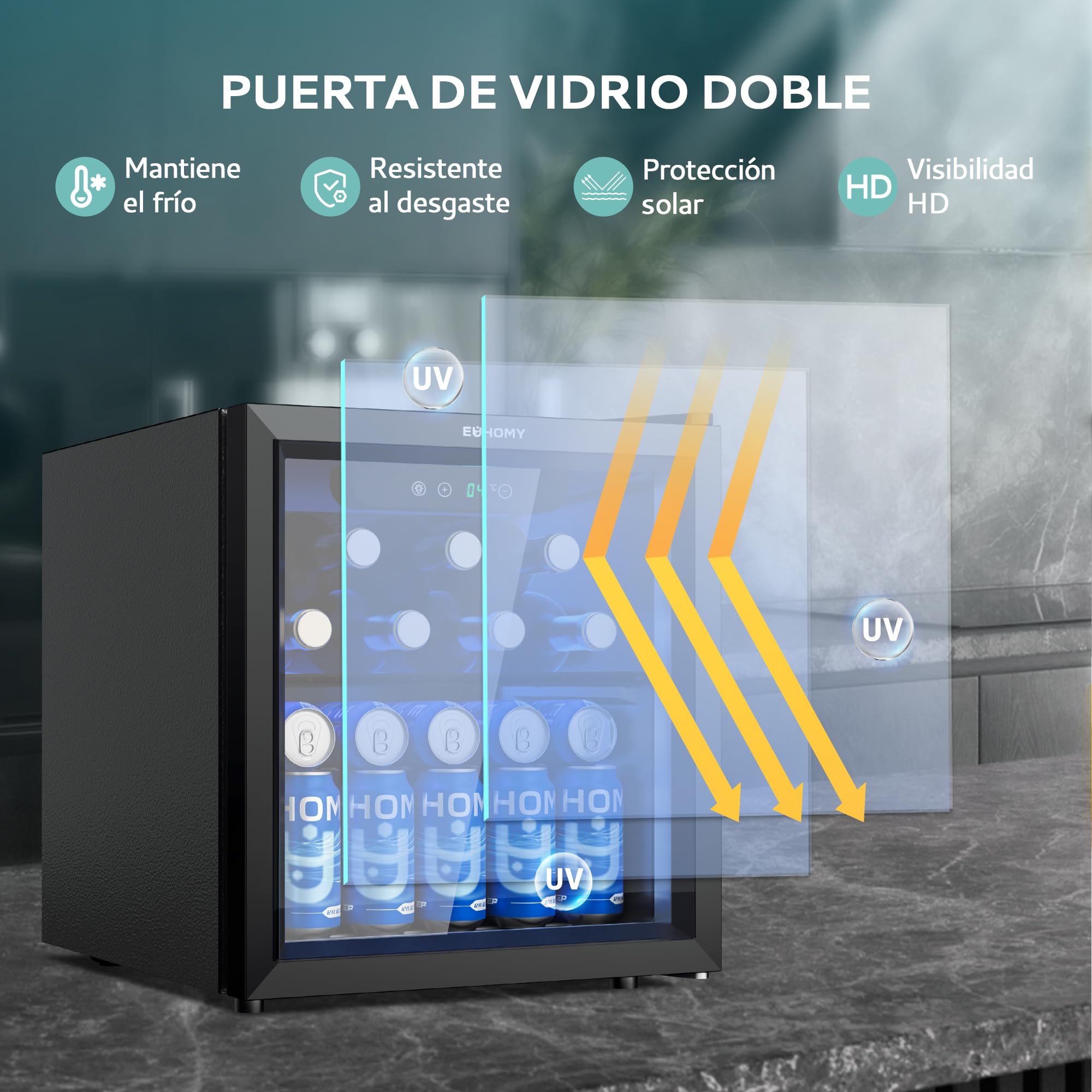 EUHOMY Frigorífico para Bebidas, Mini Frigorifico con Puerta de Cristal, Nevera Pequeña, Refrigerador de Sobremesa para 55 Latas, Mini Fridge para Oficina, 36 Litros, Mini Nevera de Bajo Ruido, Negro