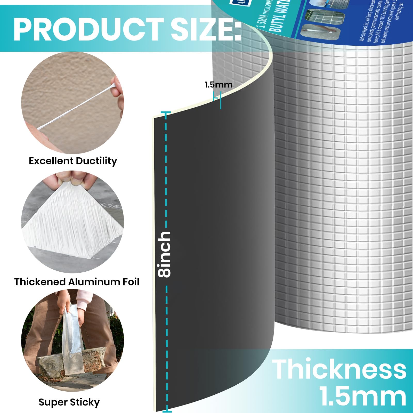 ADHES Butyl Tape Waterdichte Tape Aluminiumfolie Tape met Sterk Rubber 200mm x 5m 1 rol 1,5 mm Dikte voor Daklek, Oppervlakte Barst, Vensterbank Gap, Pijpbreuk