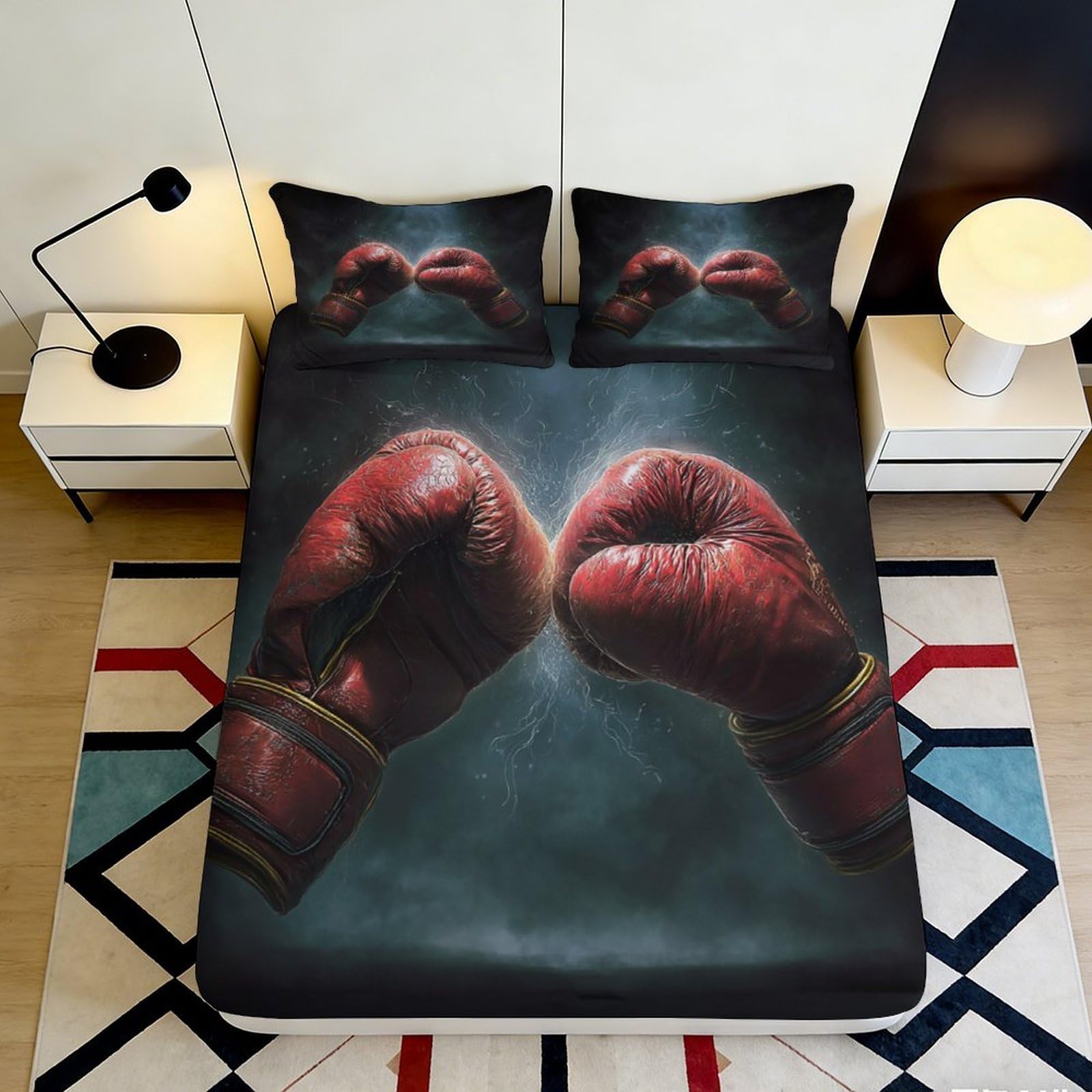 3D Printed Boxing Gloves Fitted Sheet Microfiber Deep Pocket Bedding Set Boxing Theme Mattress Fitted Cover Non-Slip Washable Full Wrap for Bedroom 140x200x25cm