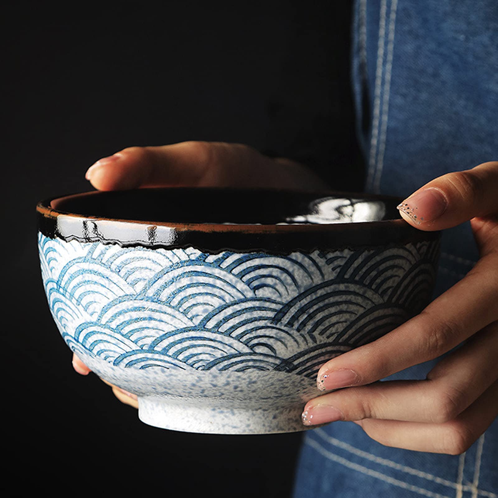 tazas de ramen, conjuntos de tazas de pasta, Cuenco grande de cerámica for fideos/sopa con ondas marinas, utilizado en sopas, cereales, arroz, fideos udon, fideos asiáticos, azul, 960 ml ( Color : Blu