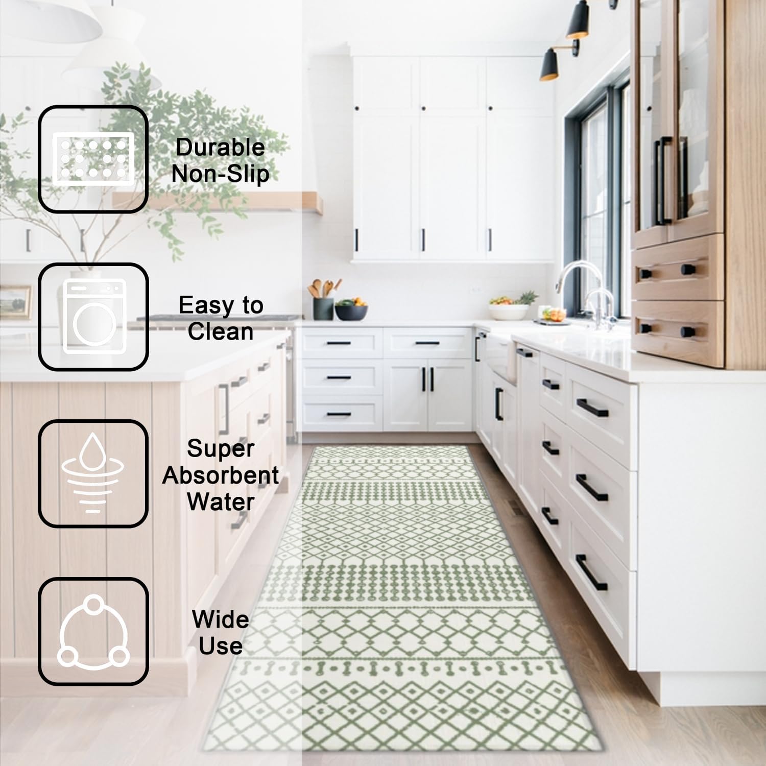 Boho Kitchen Rugs Sets of 2 Piece Bohemian Non Slip Bath Mats for Floor Washable Doormat Runner Decor Entryway Rug Retro 47x17 inch Indoor/Outdoor Area Mat (Green)