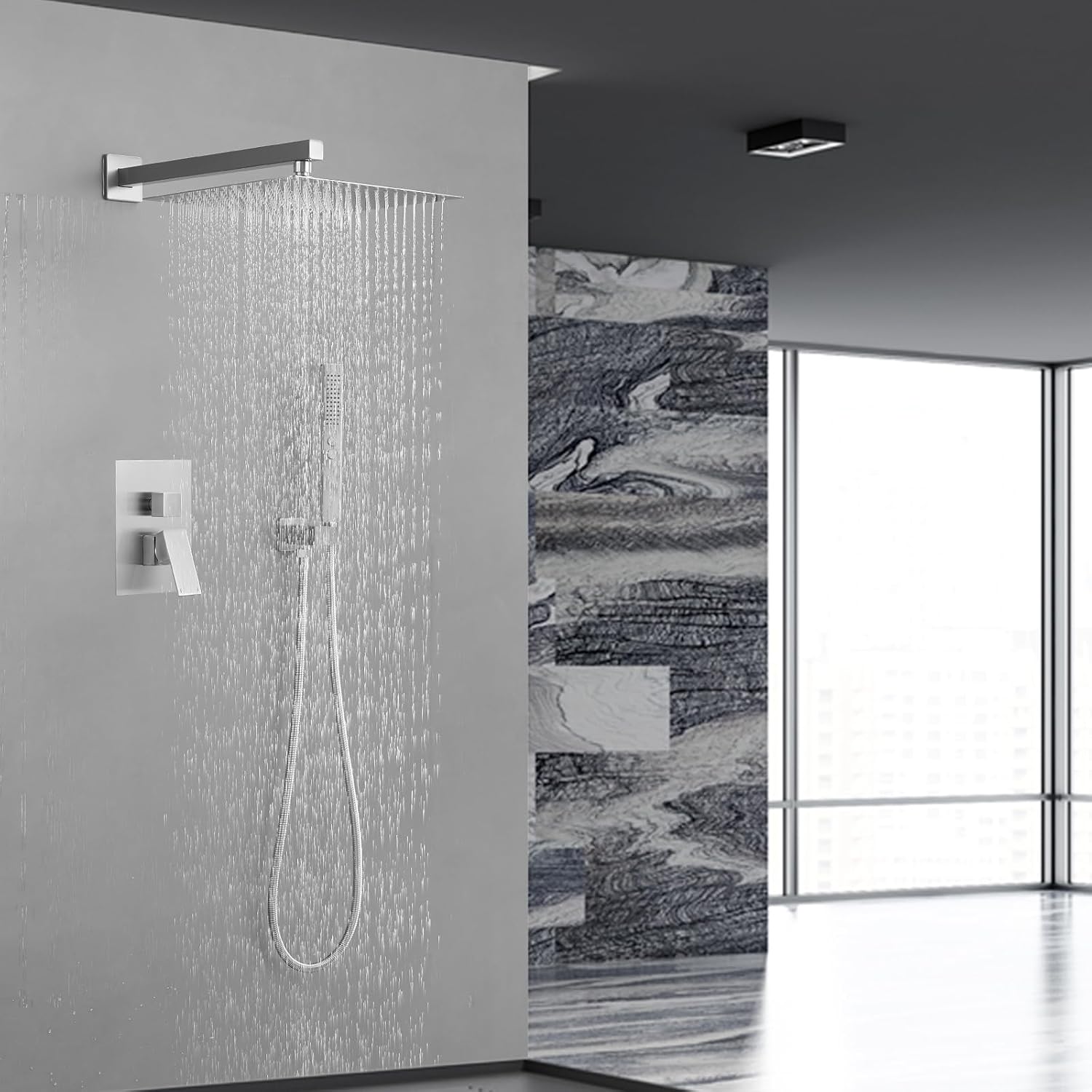 RUMOSE Brushed Nickel Rainfall Shower System 12 Inch High Pressure Square Shower Head with 2 in 1 Handheld Spray Wall Mount Brass Bathroom Shower Faucet Set with cUPC Certified Rough-in Valve