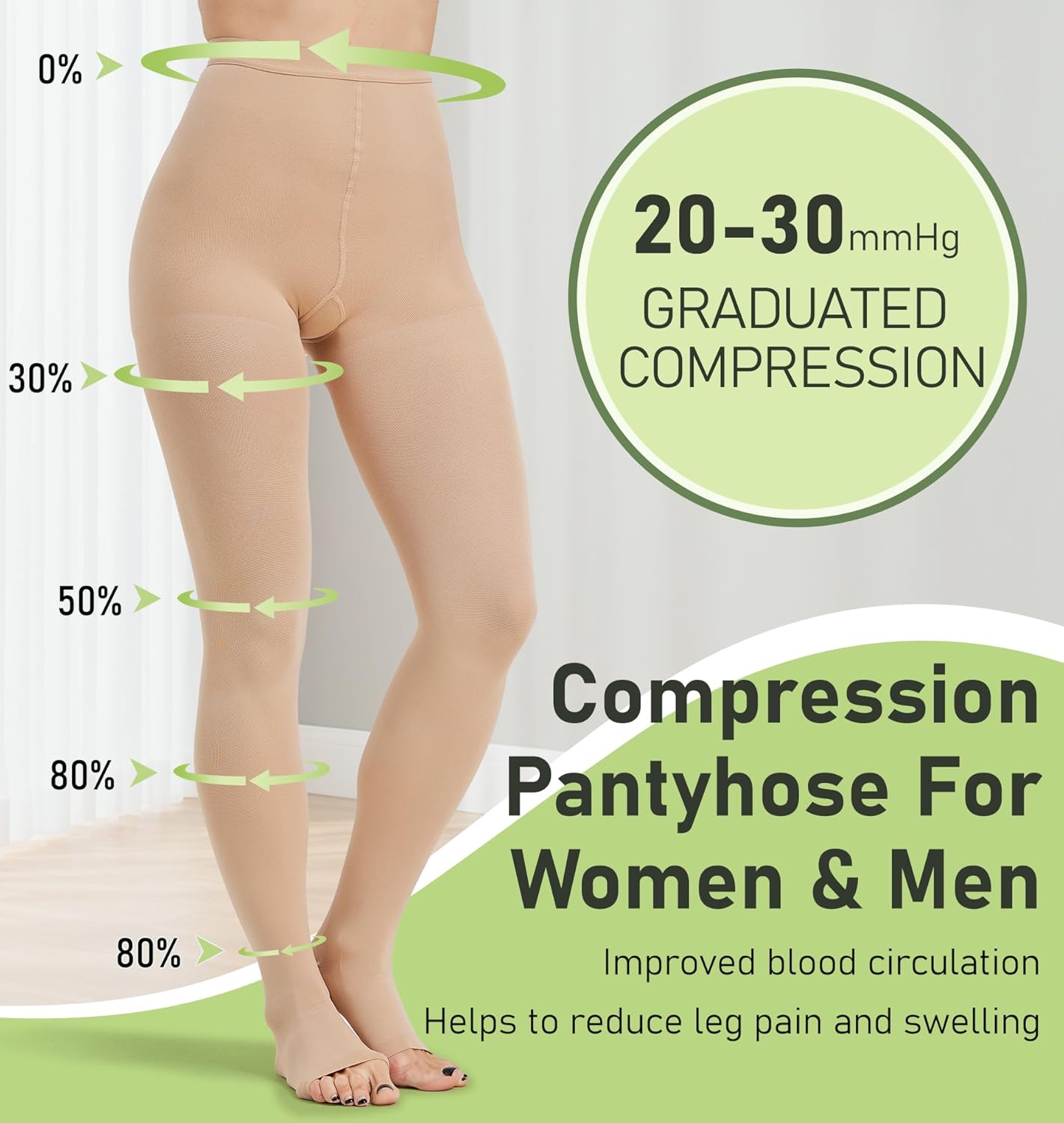 KEKING Medical Compression Pantyhose for Women & Men, Comfort 20-30 mmHg Graduated Compression Support Stockings, Open Toe Compression Tights for Varicose Veins, Edema, Flight, Beige M - Image 3