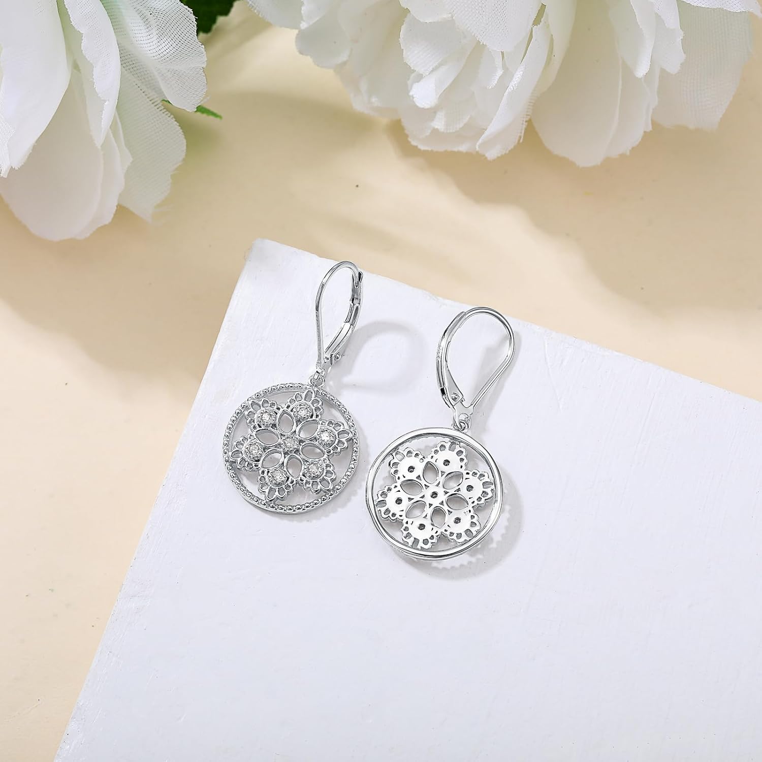 0.14 ct. t.w. Diamond Floral Filigree Circle Drop Earrings for Women in 925 Sterling Silver - Image 3