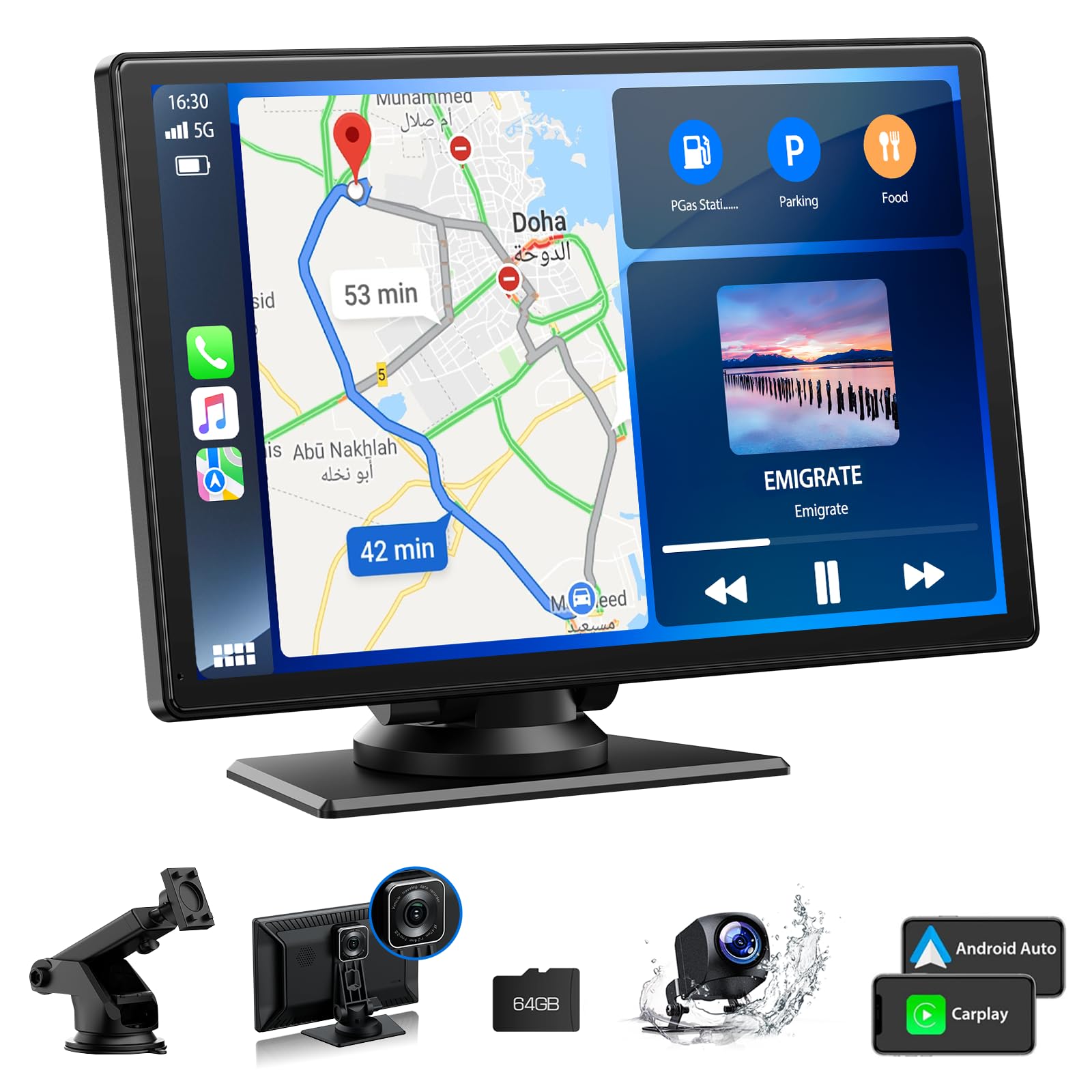 LAMTTO 23,5 cm draadloze carplay en Android Auto met 2,5 K dashcam, 1080P back-upcamera, draagbaar touchscreen GPS-navigatie voor auto, autoradio-ontvanger met Bluetooth, AirPlay, AUX, FM, Googel