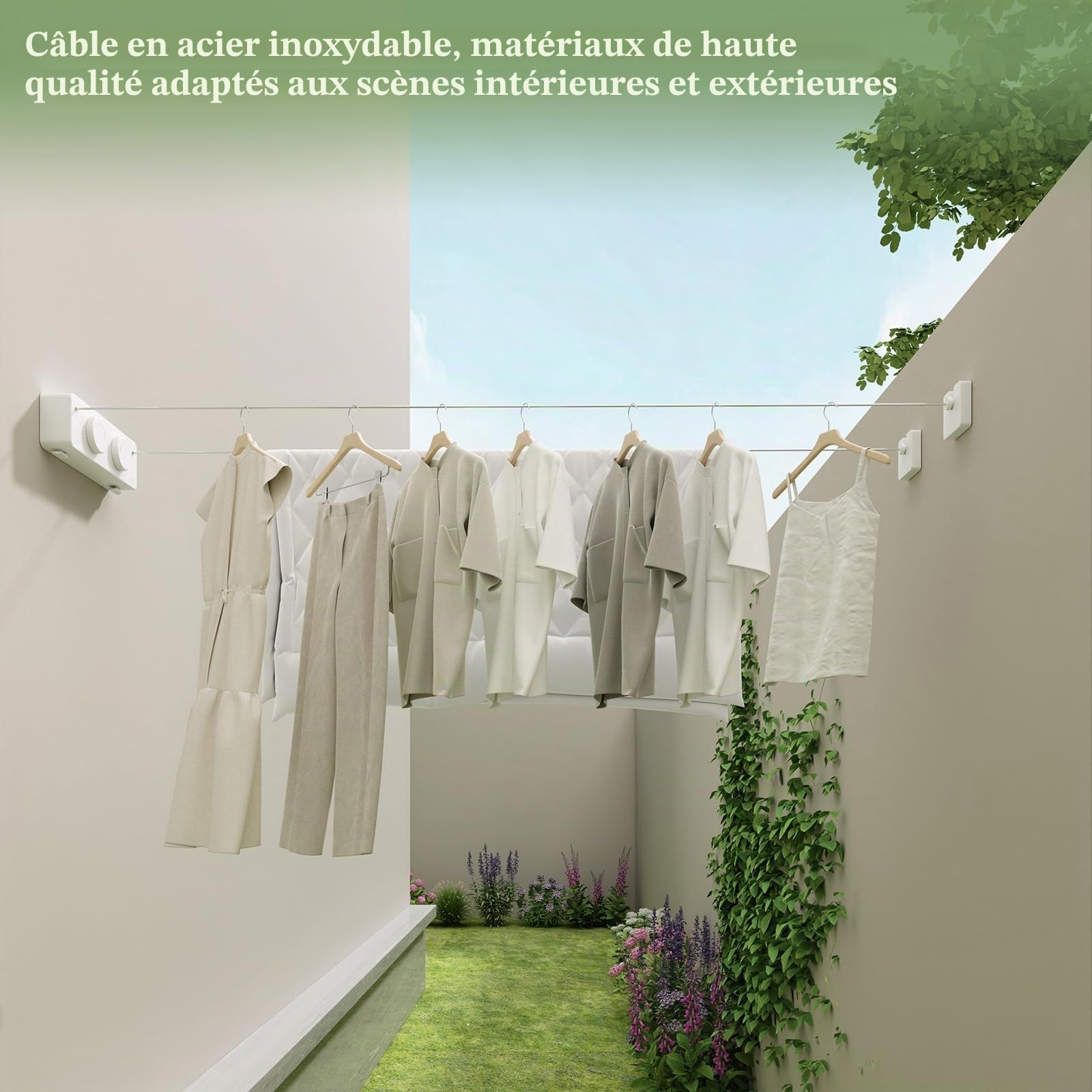 Danpoo Corde à Linge rétractable, 2 Fils à Linge de 4,2 m en Acier InoxydableLigne à Linge très résistante pour l'intérieur et l'extérieur, Étendoir à Linge rétractable à Suspendre, Blanc