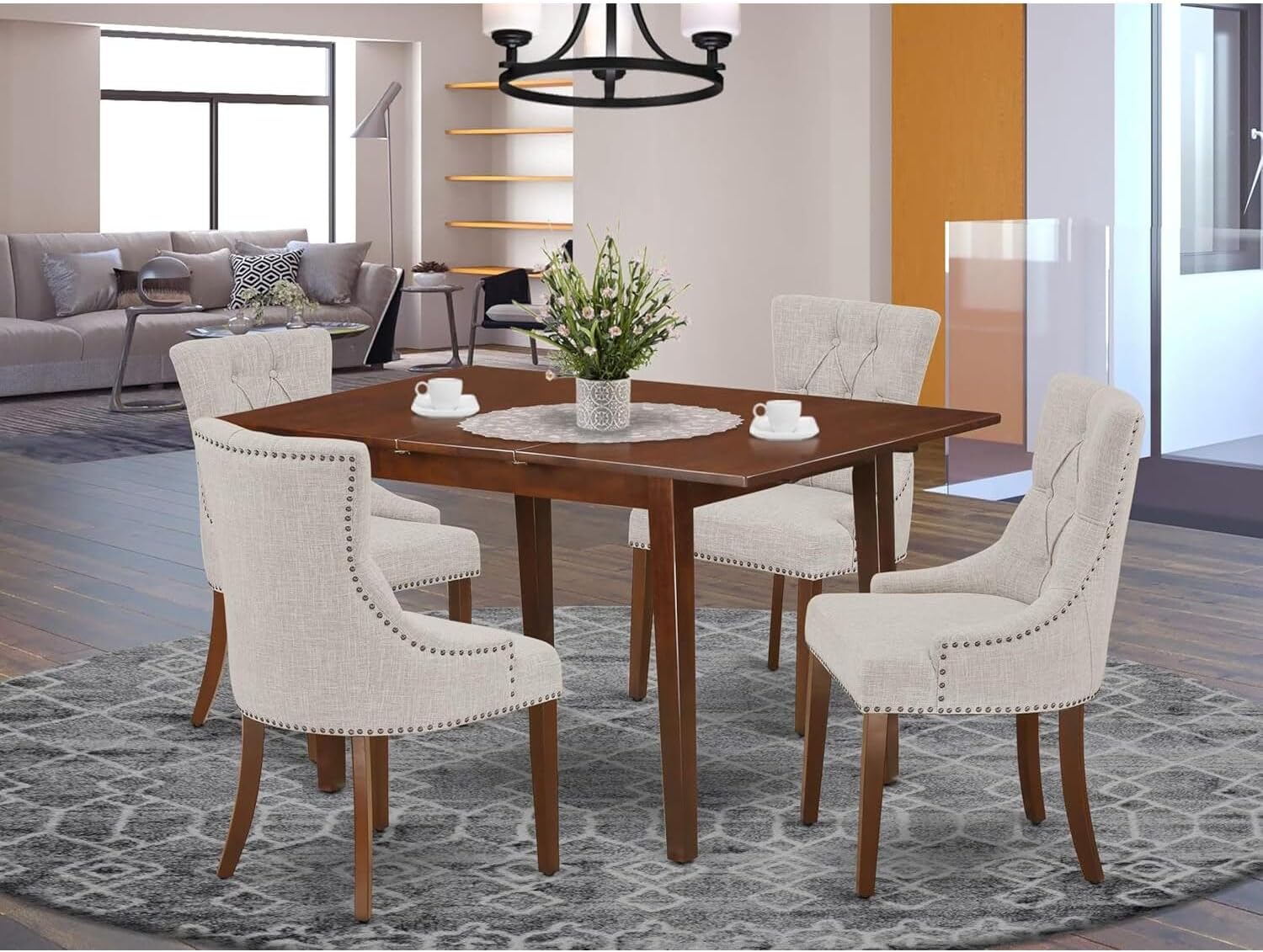 HomeStock 5 Piece Kitchen Table Set for 4 Includes a Rectangle Dining Table with Leaf and 4 Doeskin Linen Fabric Parson Chairs, 32x54 Inch,Mahogany